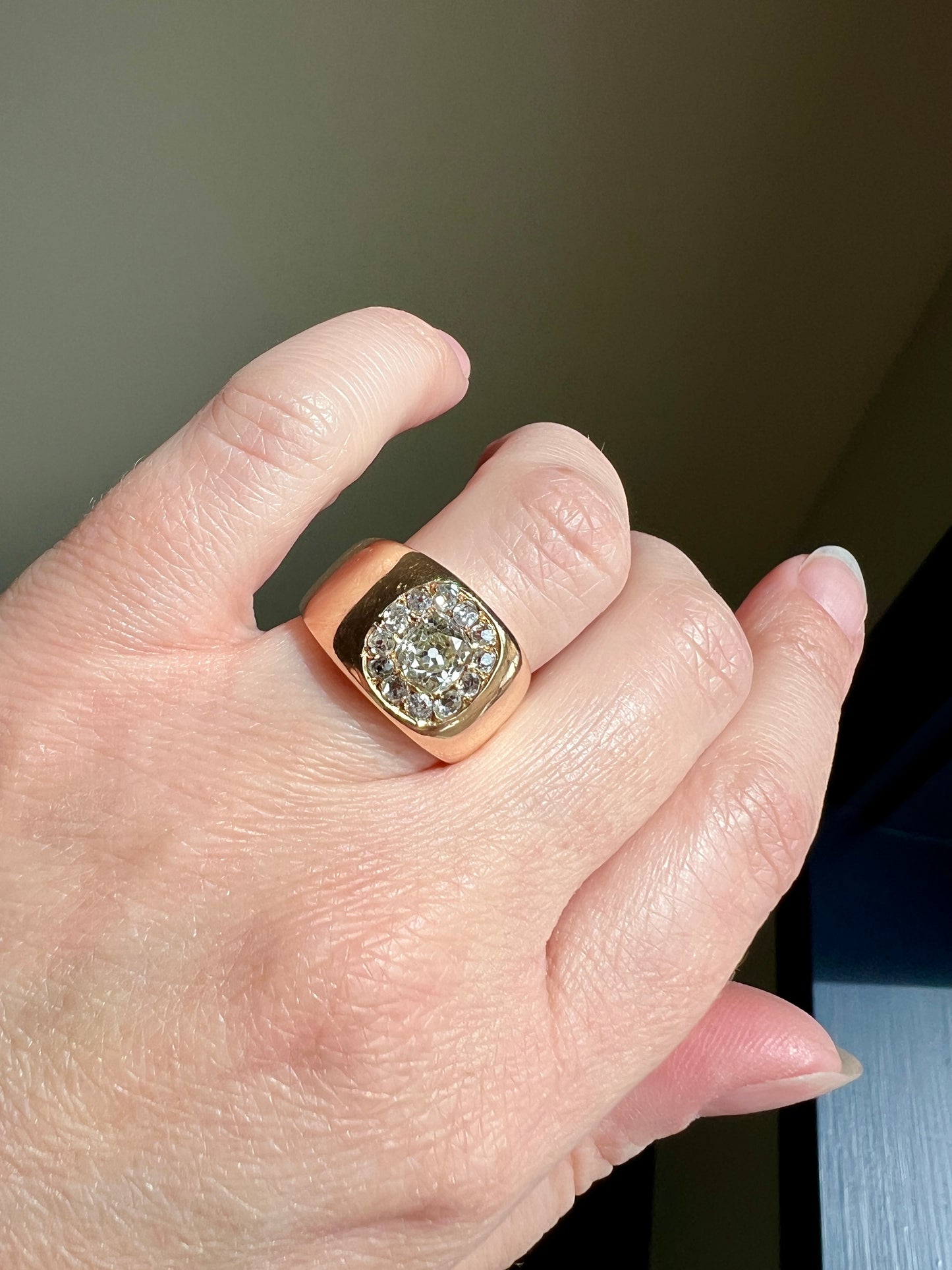 ANTIQUE 1 1/4 Carat Eye Clean Old Mine Cut DIAMONDS Chunky 18k Gold 12mm Wide Cigar Band Cluster Halo Ring French Cobblestone