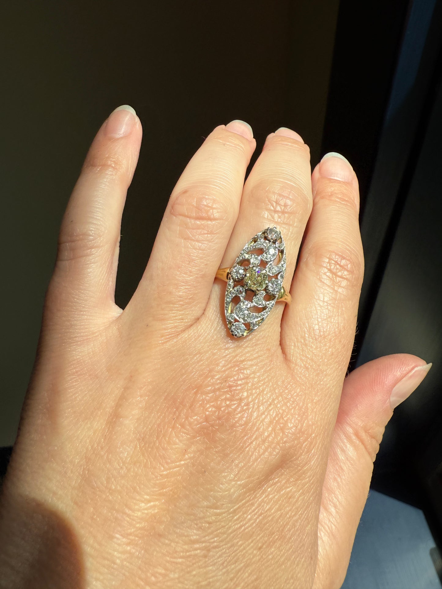 Ornate 1 Carat + French Belle Epoque Oval Old Mine Rose Cut Diamond Pale Light Yellow Center 18k Gold Platinum Scroll