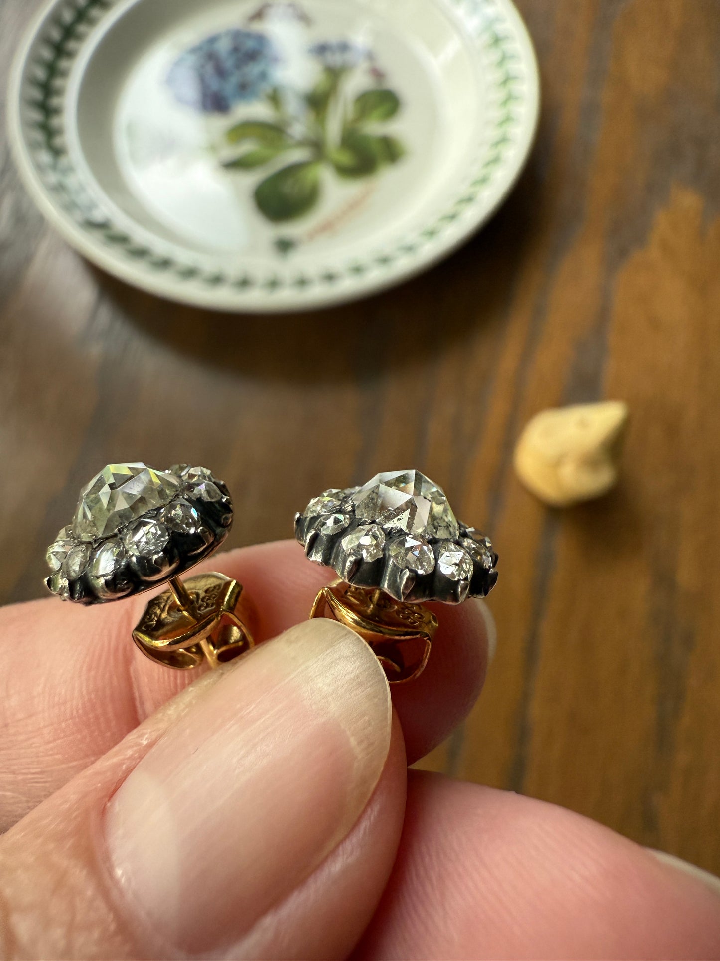 Gorgeous Rose Cut DIAMOND Cluster Stud Earrings Domed Disco Balls w/ Halo 14k Gold Silver Chunky Foiled Stones