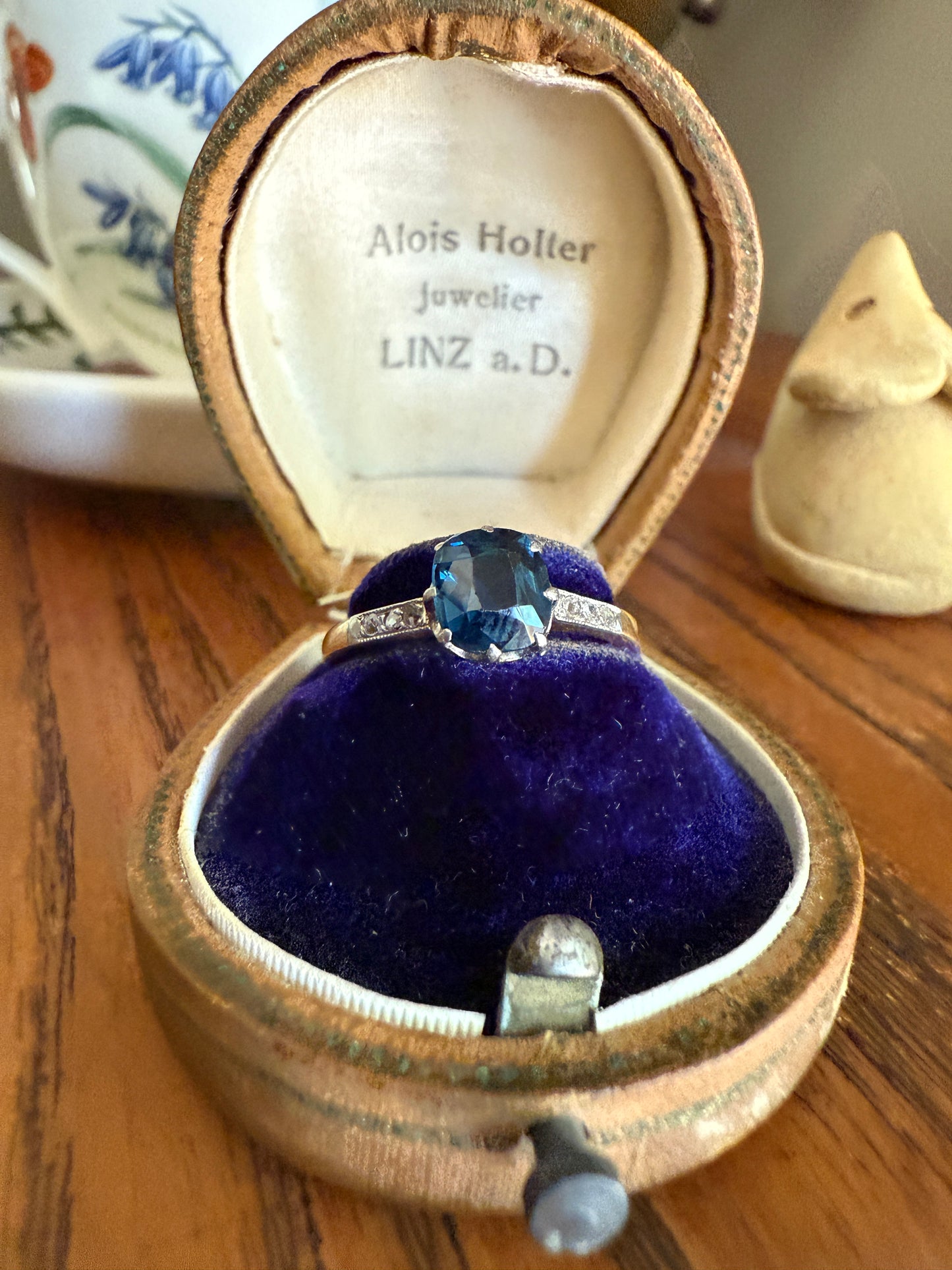 French Antique Old Cut Peacock Blue Green SAPPHIRE Rose Cut DIAMOND Natural Antique Solitaire w/ Accents Alt Engagement Ring