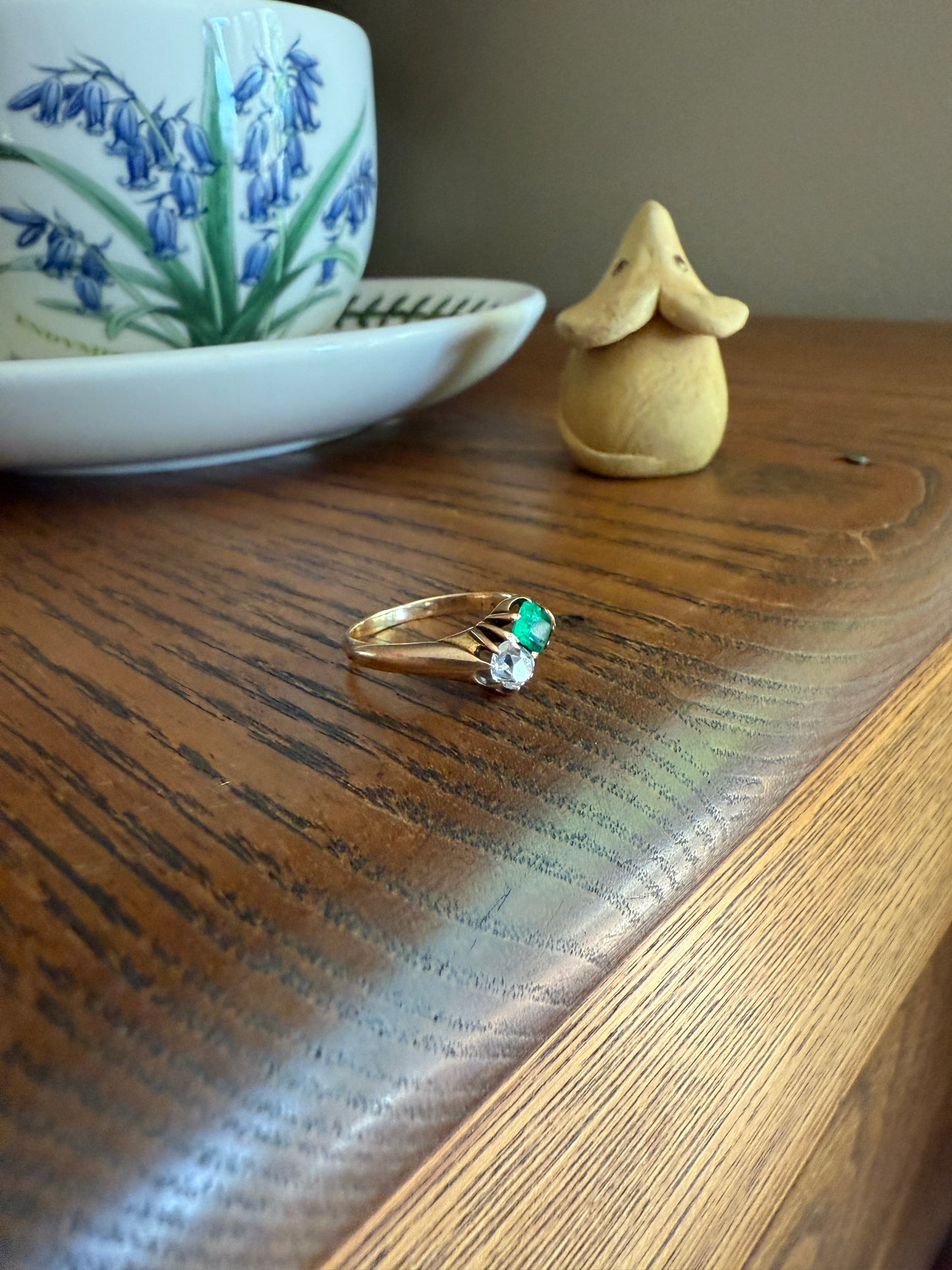 EMERALD Old Mine Cut DIAMOND Antique Toi et Moi Ring 14k Gold Angled Cushion Cut Green Stacker Chunky OMC