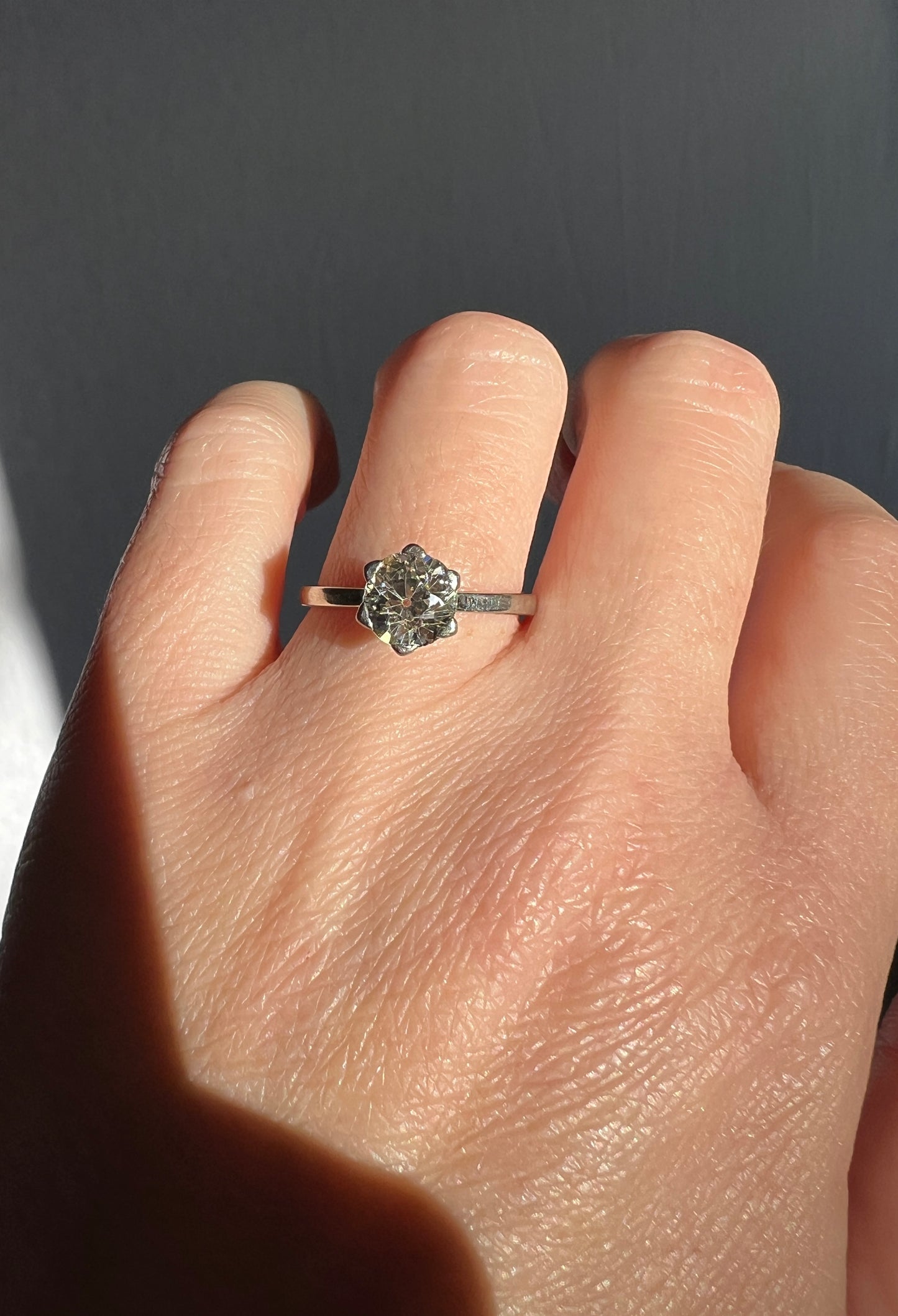 Antique 1 CARAT Old Mine Cut DIAMOND Solitaire Engagement Ring 18k White Gold PLATINUM French Art Deco Warm Very Pale Yellow Tall