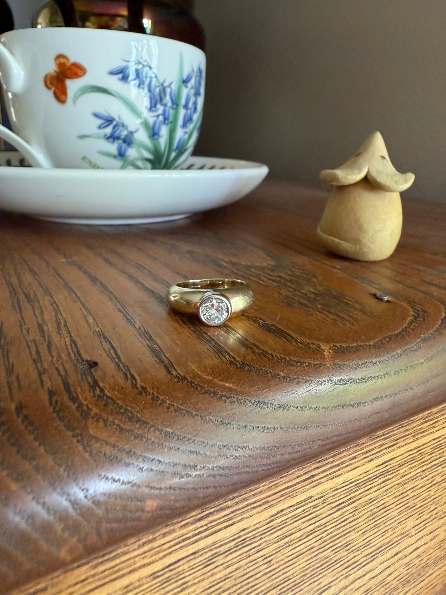 Vintage .73 Carat Transitional Cut DIAMOND Gypsy Bezel Set Ring Stacker Band Pale Yellow 18k Gold Solitaire