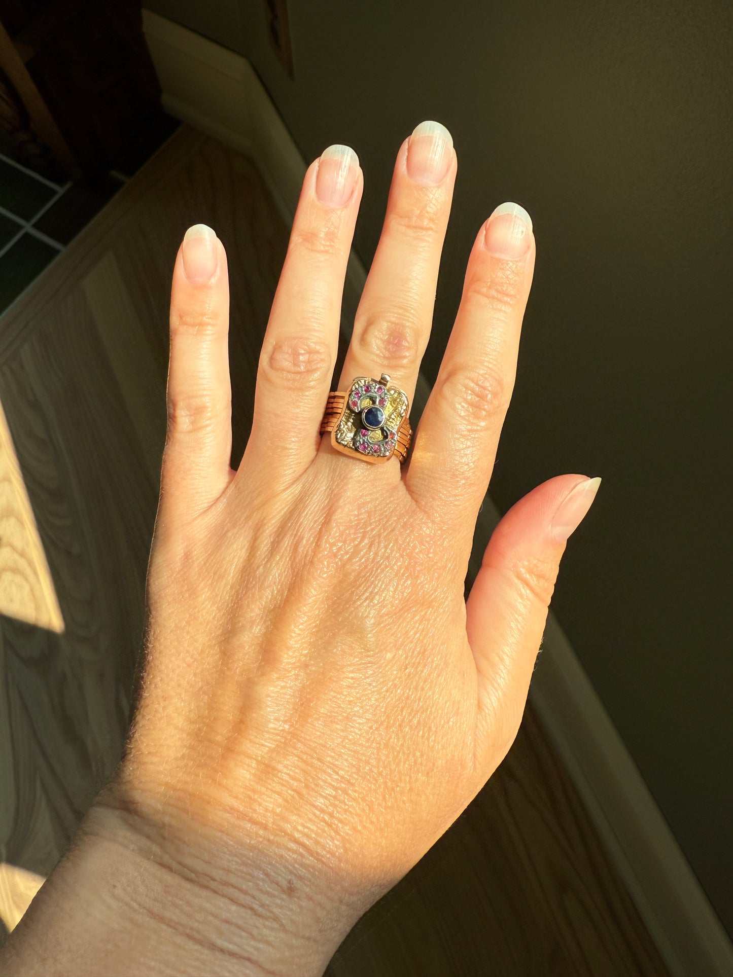 RARE 2 for 1 Convertible RING to BRACELET Surprise Antique Sapphire Ruby Bow 9k Gold Silver Top Clasp Expandable Secret