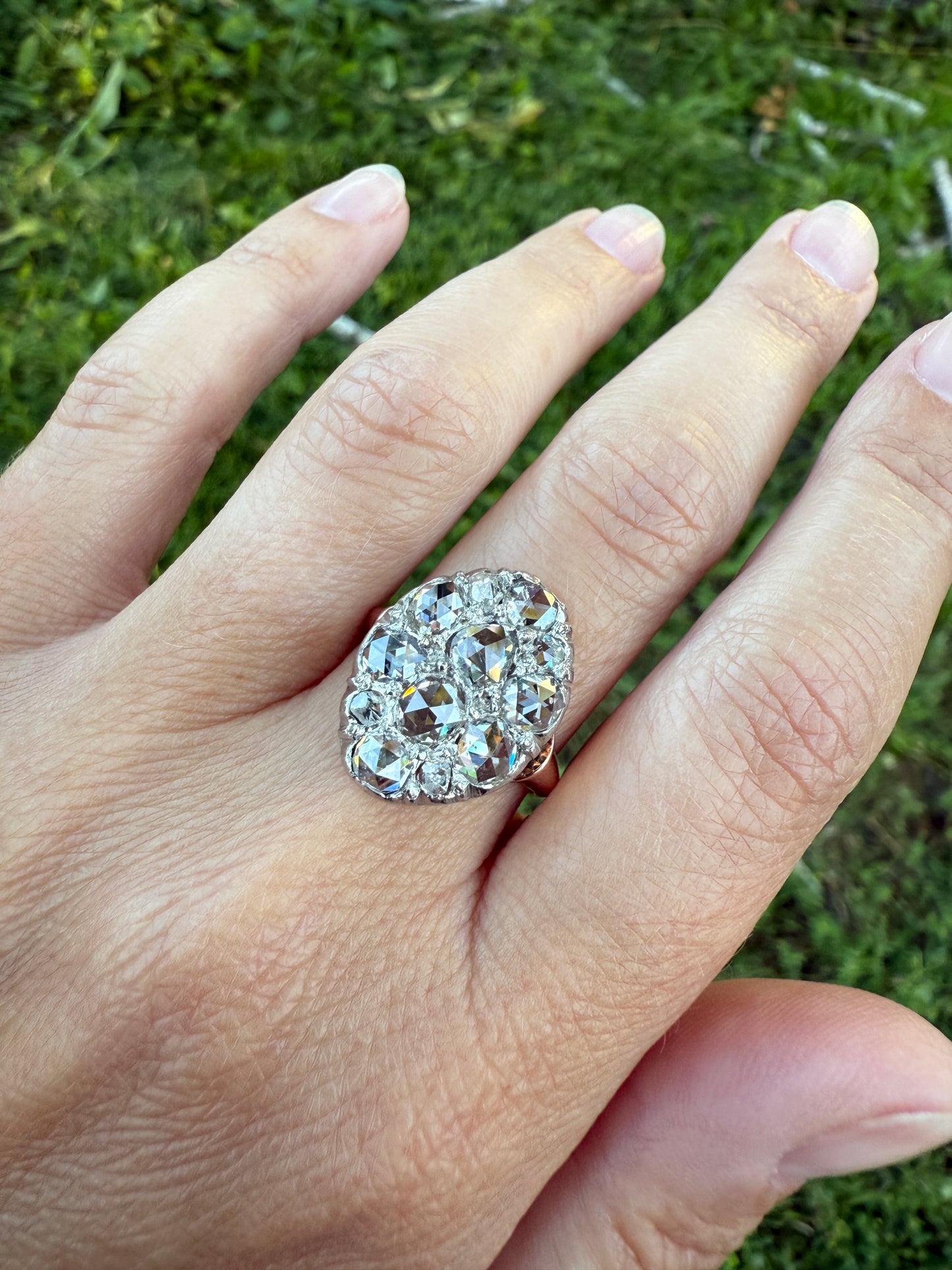 Extraordinary French Antique 3 Carat Scale Dutch Rose Cut DIAMOND 18k Gold Platinum Cluster Oval Stacker Rare Disco Ball Bauble