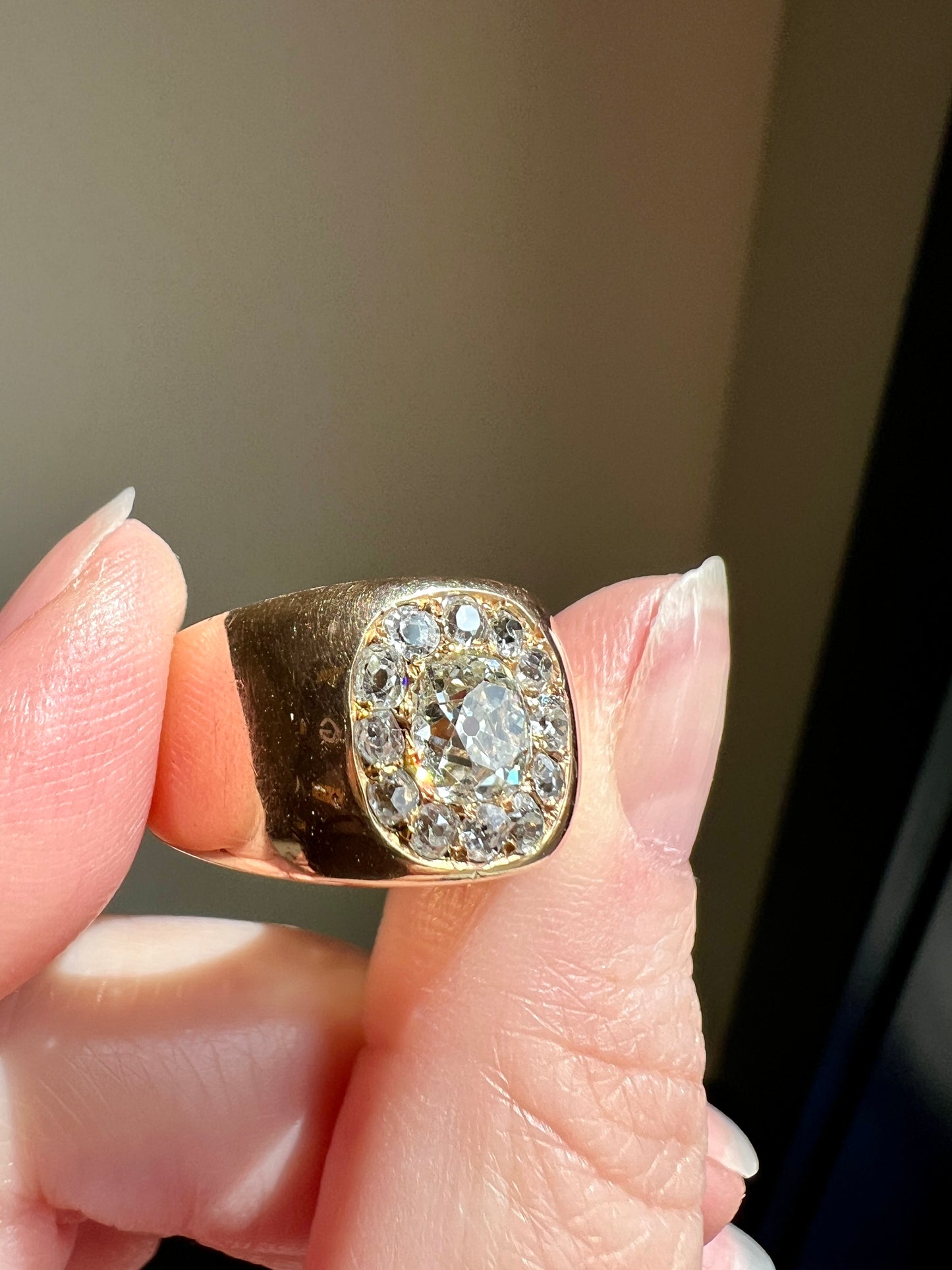 ANTIQUE 1 1/4 Carat Eye Clean Old Mine Cut DIAMONDS Chunky 18k Gold 12mm Wide Cigar Band Cluster Halo Ring French Cobblestone