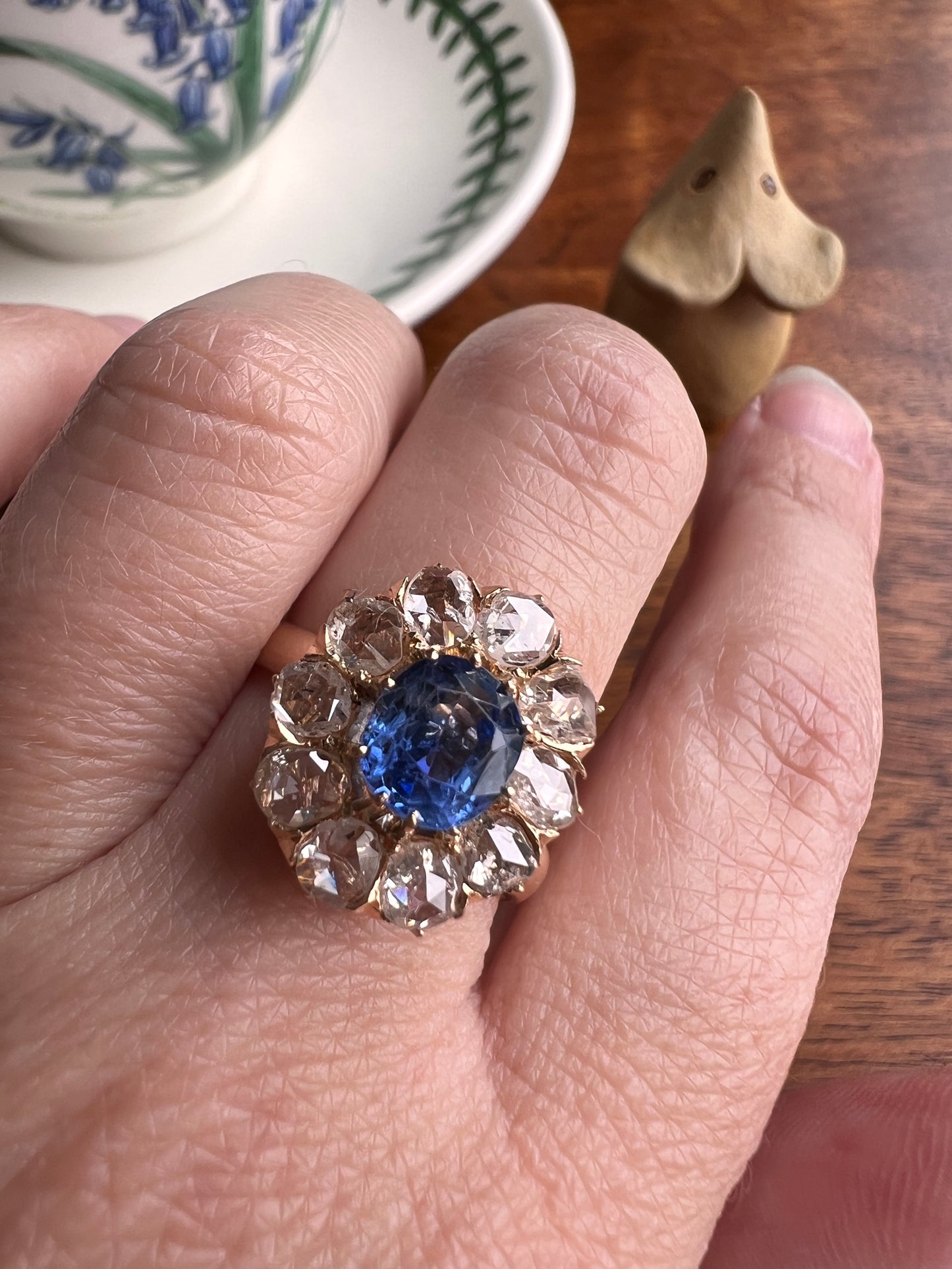 Natural Cornflower SAPPHIRE 1 Carat 10 Rose Cut Diamond Halo Ring 18k Gold Engraved Dated Wedding Band Antique Cluster