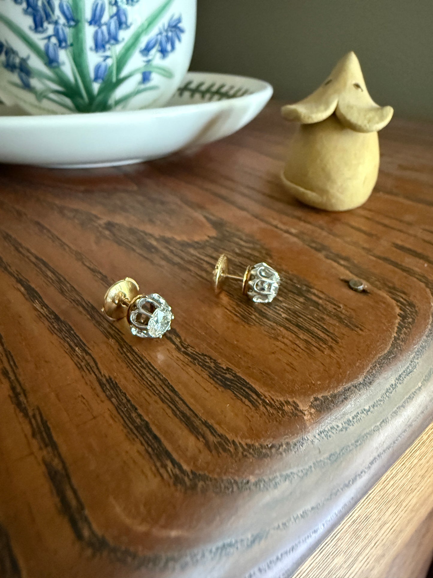 Antique 1 Carat Tdw Old Mine Cut DIAMOND Buttercup Prong Stud Earrings French 18k Gold Victorian Belle Epoque 1Ct OMC