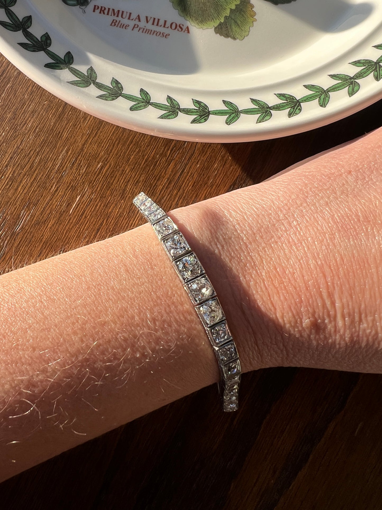 Antique 9.75 CARAT 38 Old European & Mine Cut DIAMOND Line Bracelet PLATINUM 18k White Gold French Geometric Engraved Tennis