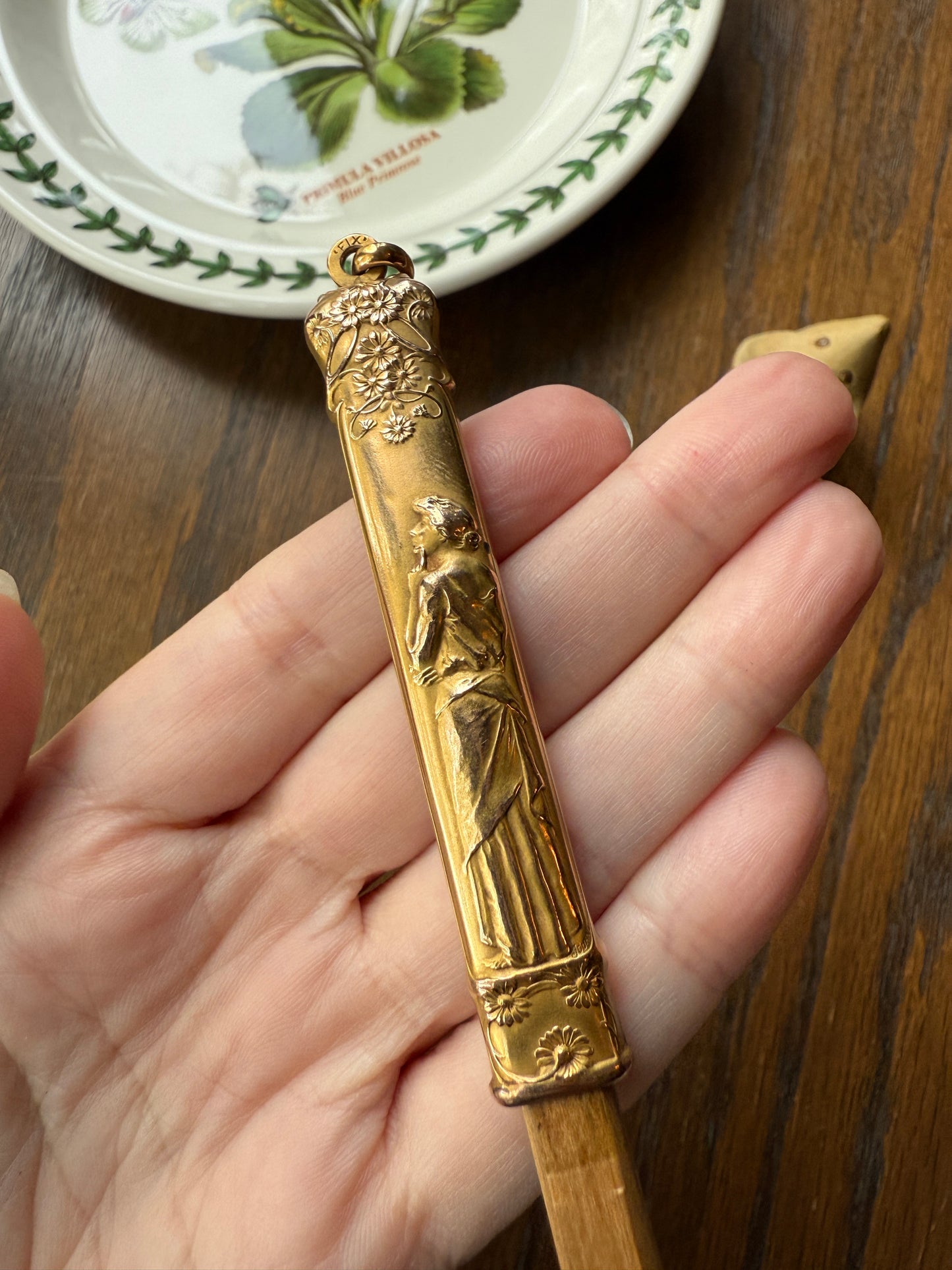 Victorian Lady French ANTIQUE " FIX " Brand Chatelaine Pencil Needle Case Pendant Rosy Gold Fill Forget Me Not Floral