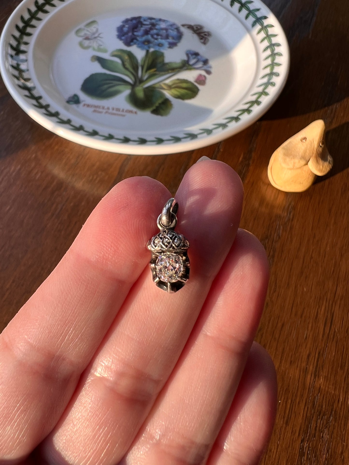 ACORN Eye Clean .65 Carat Old Mine Cut DIAMOND Rose Cut French Victorian ANTIQUE Figural Pendant 18k Gold Silver