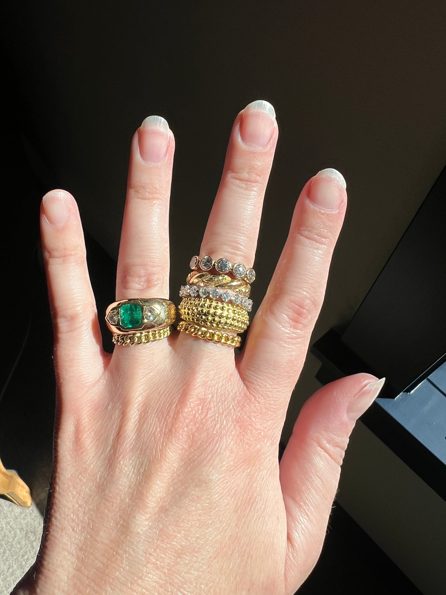 HEXAGON SHIELD Diamond Green EMERALD Chunky Vintage Three Stone Gypsy Ring French 18k Gold Wide Band Natural Heavy