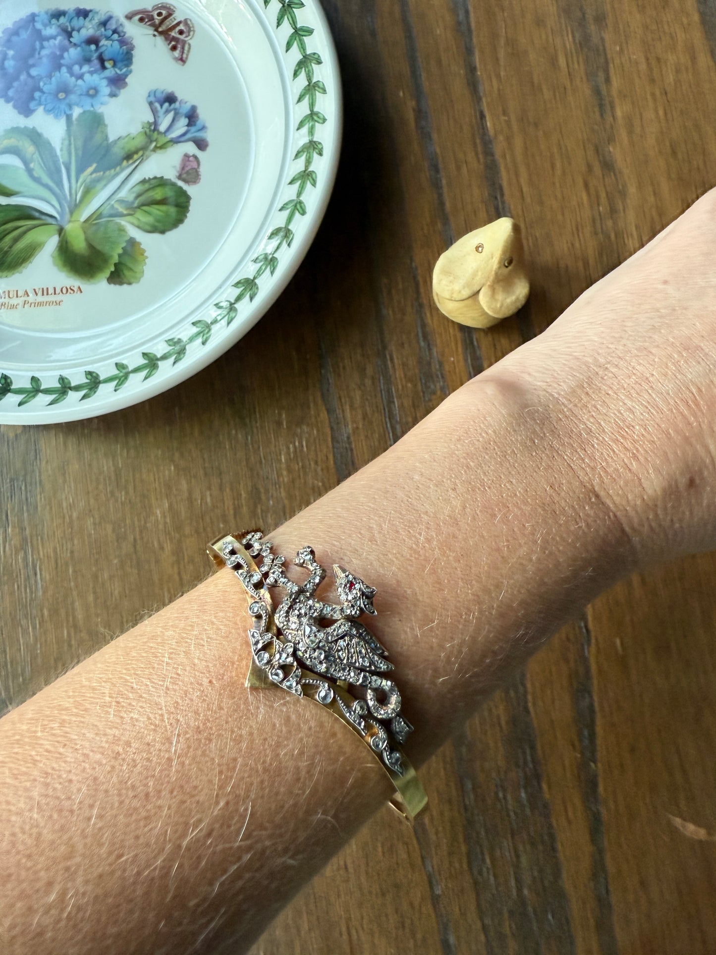 DRAGON Rare One of a Kind Antique Figural 130+ Rose Cut Diamond BANGLE Bracelet French Victorian 18k Gold Silver Chimera Phoenix