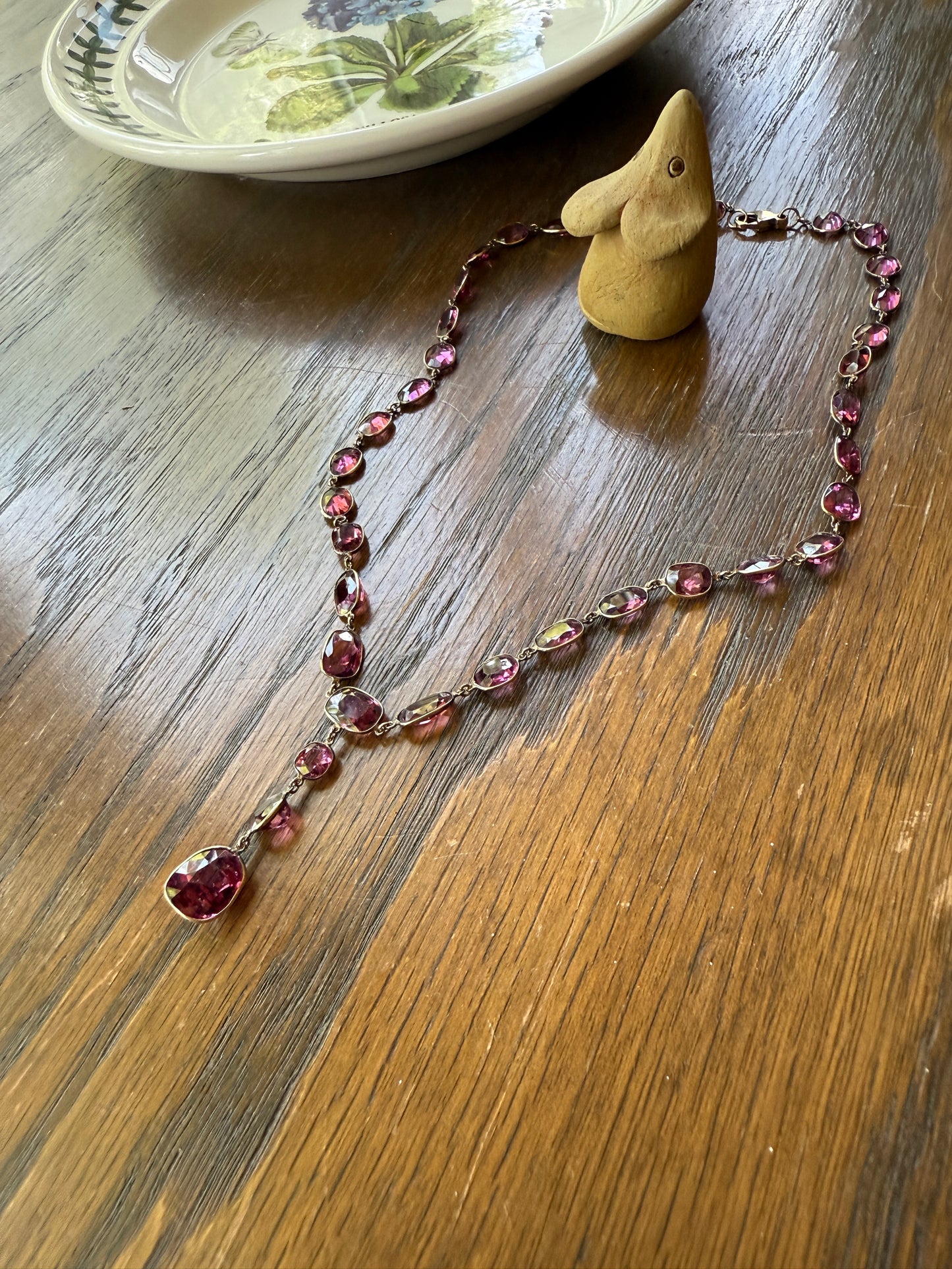 Antique 36 GARNET Riviera Station Chain 10k GOLD Berry Purple Pink Chunky Lariat Y Necklace Collar