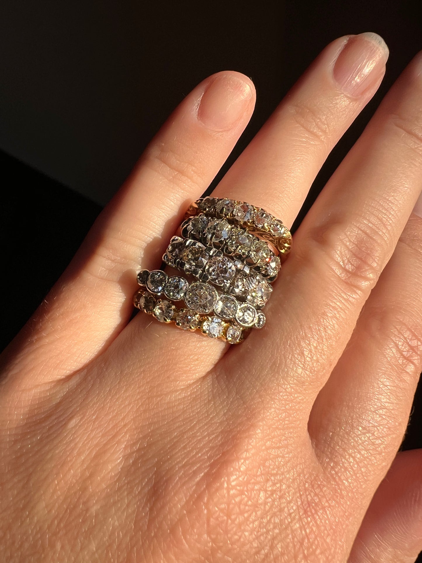 French Antique 18k Gold 1 CARAT Nine Stone Old Mine Cut DIAMOND Ring Skinny Half Hoop Wedding Band