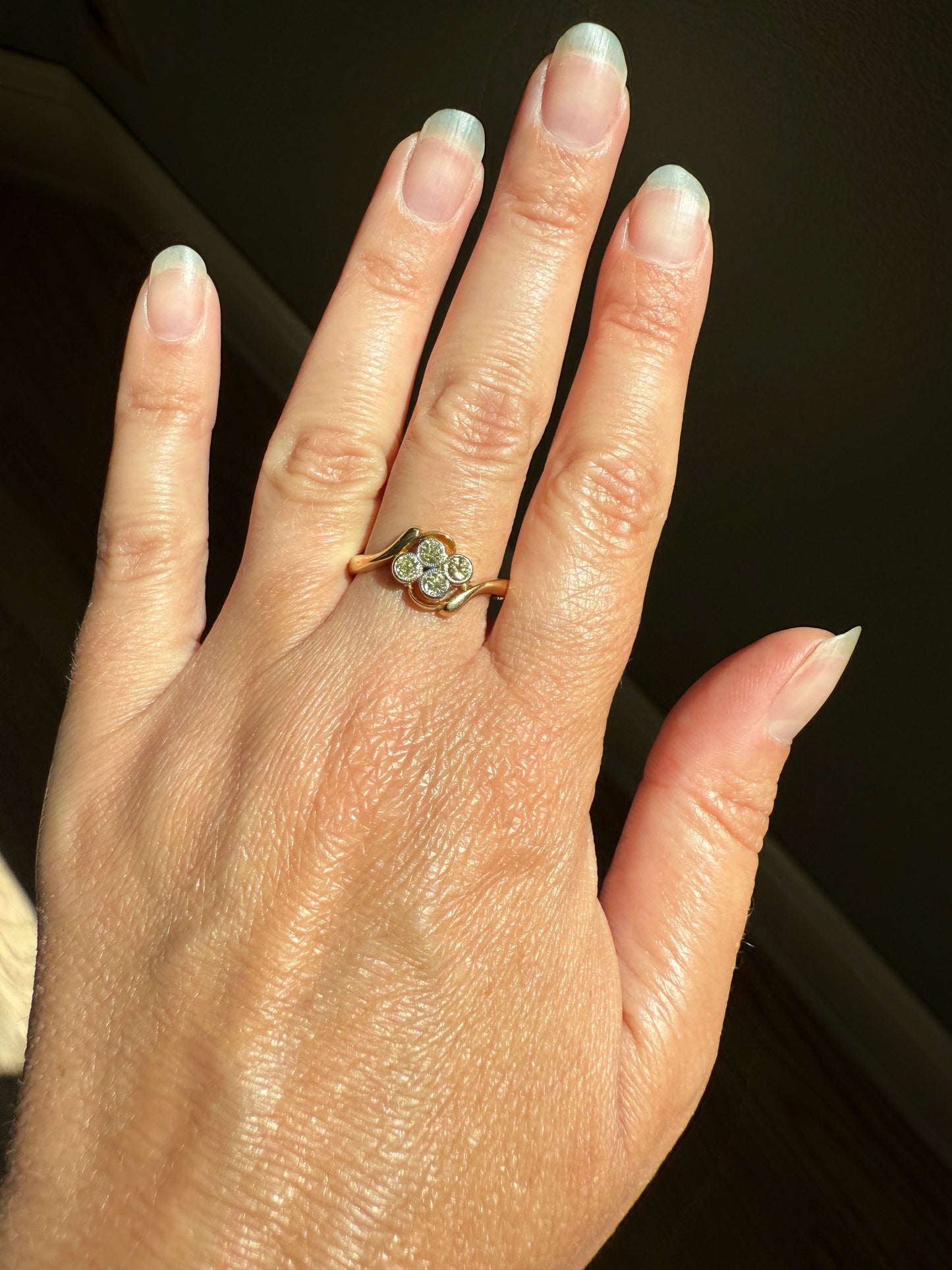 CHAMPAGNE Pale Yellow Light Brown Old Mine & Brilliant Cut Diamond Antique Quatrefoil Ring 18k Gold