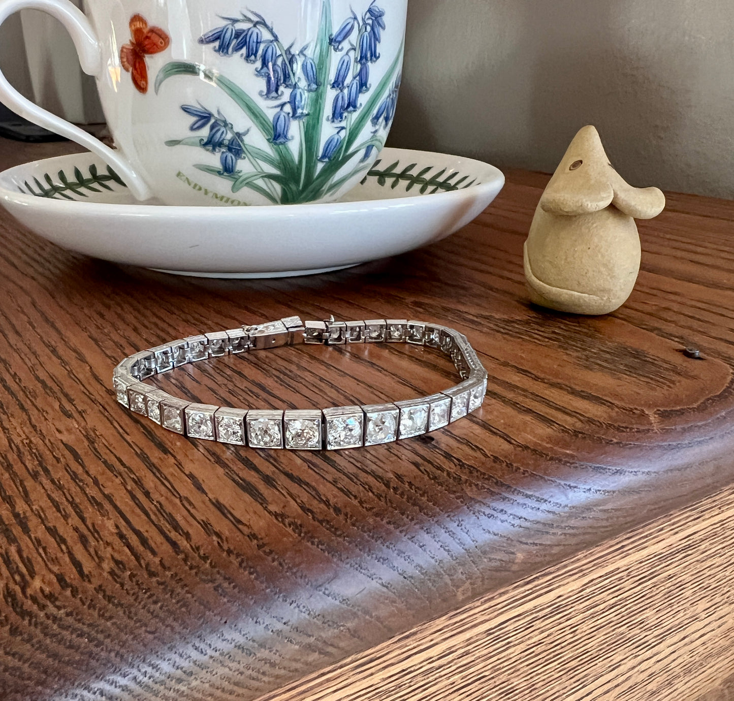 Antique 9.75 CARAT 38 Old European & Mine Cut DIAMOND Line Bracelet PLATINUM 18k White Gold French Geometric Engraved Tennis
