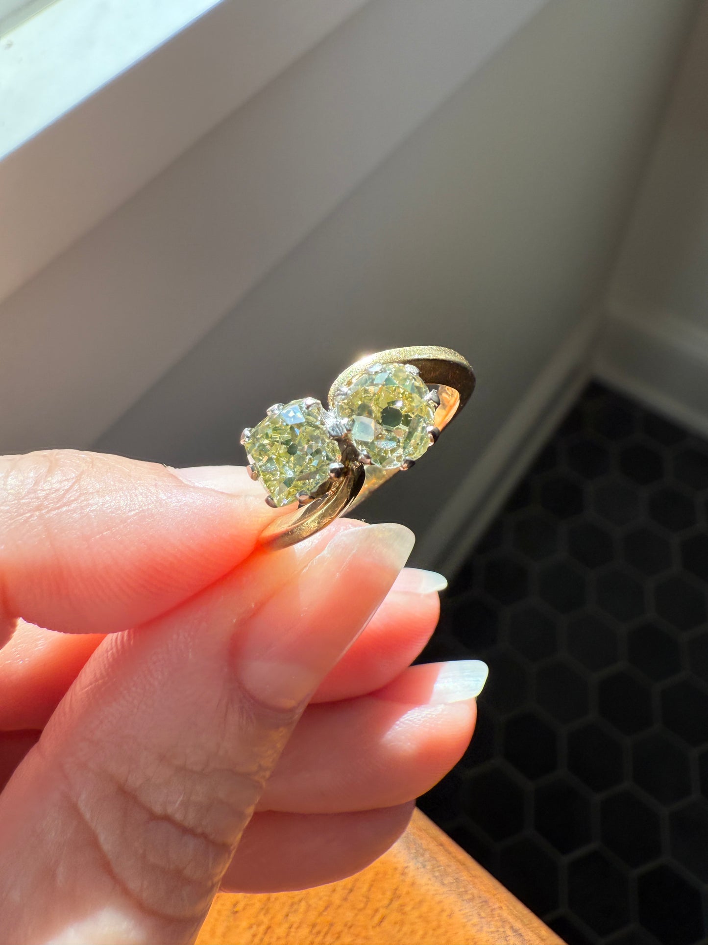 Antique Toi et Moi 2.1 CARAT Old Mine Cut DIAMOND Fancy Light Yellow Chunky 2 Stone Ring 18k Gold Angled Swirl Band Stacker c1901 Victorian