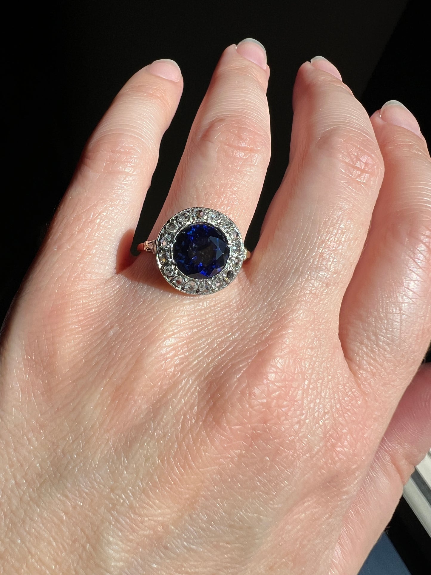 Blue Sapphire Rose Cut DIAMOND Halo Ring French Antique Band Ring 18k Gold Platinum