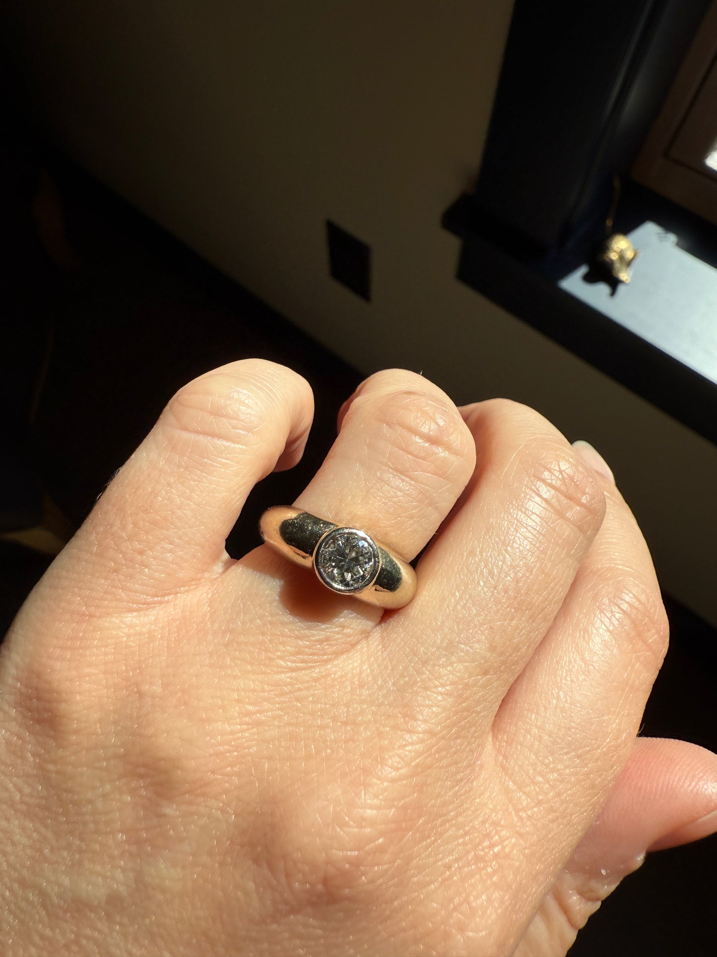 Vintage .73 Carat Transitional Cut DIAMOND Gypsy Bezel Set Ring Stacker Band Pale Yellow 18k Gold Solitaire