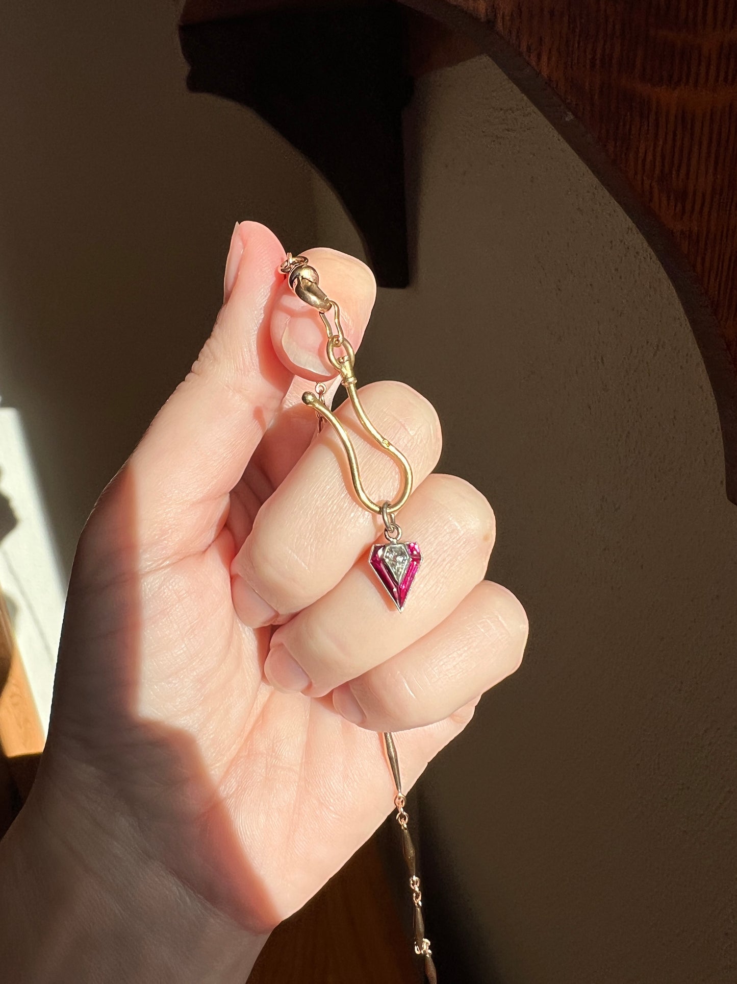 PENTAGON Antique RARE 5 Sided Shield Kite Lozenge Old Cut DIAMOND 18k White Gold Eye Clean Pendant Art Deco Pink Ruby Halo One of Kind Gift Charm