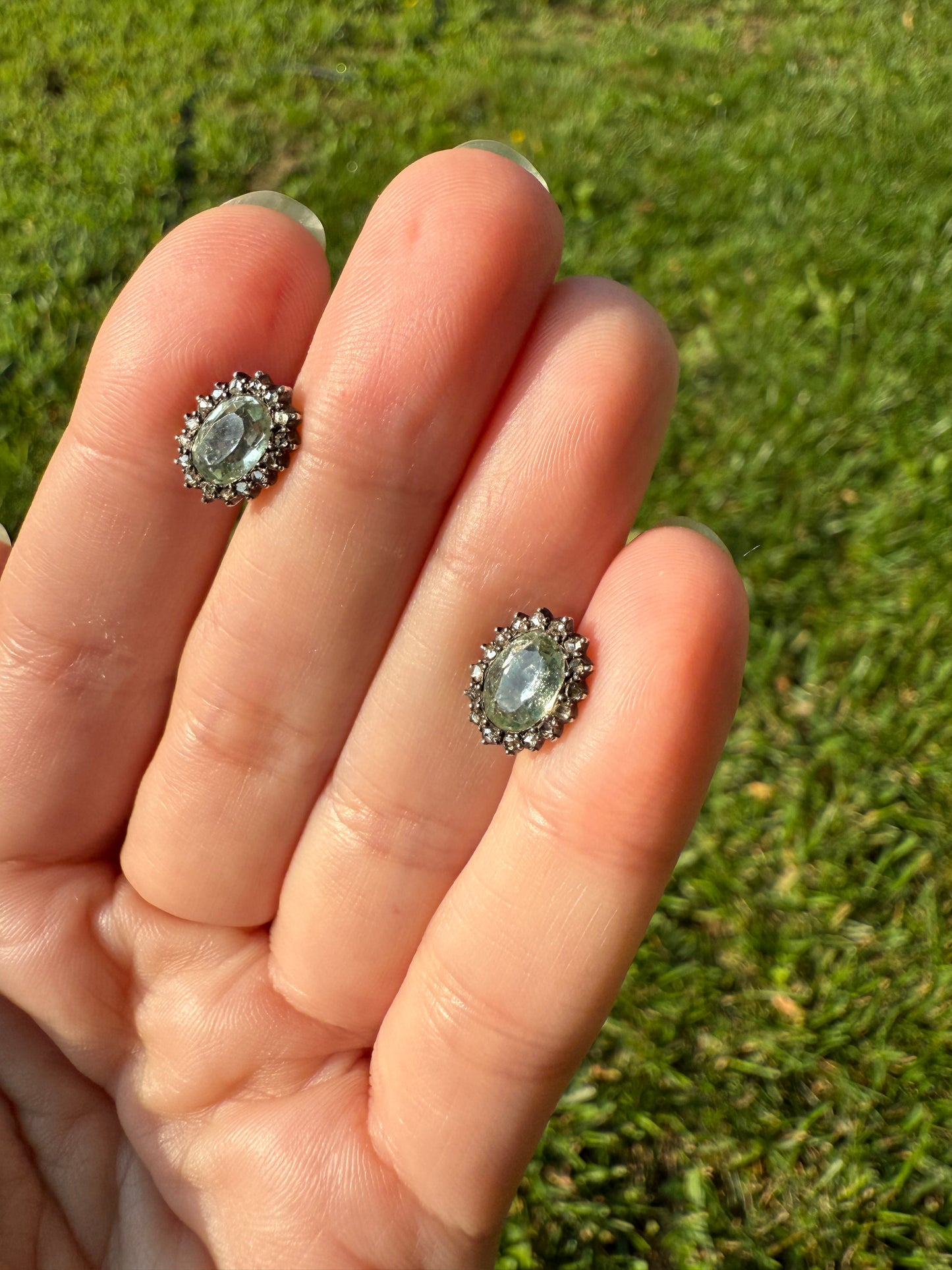 Antique Blue Green AQUAMARINE Rose Cut Diamond Halo STUD EARRINGS Georgian Victorian 18k 14k Gold