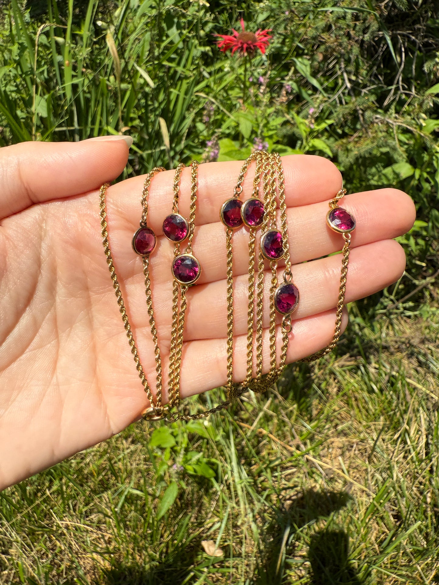 Victorian X Long Antique GARNET Station Chain Guard 67 Inch (!) 5.5 FEET 22g 14k GOLD Necklace Berry Pink Purple Neckmess Body Chain Gift