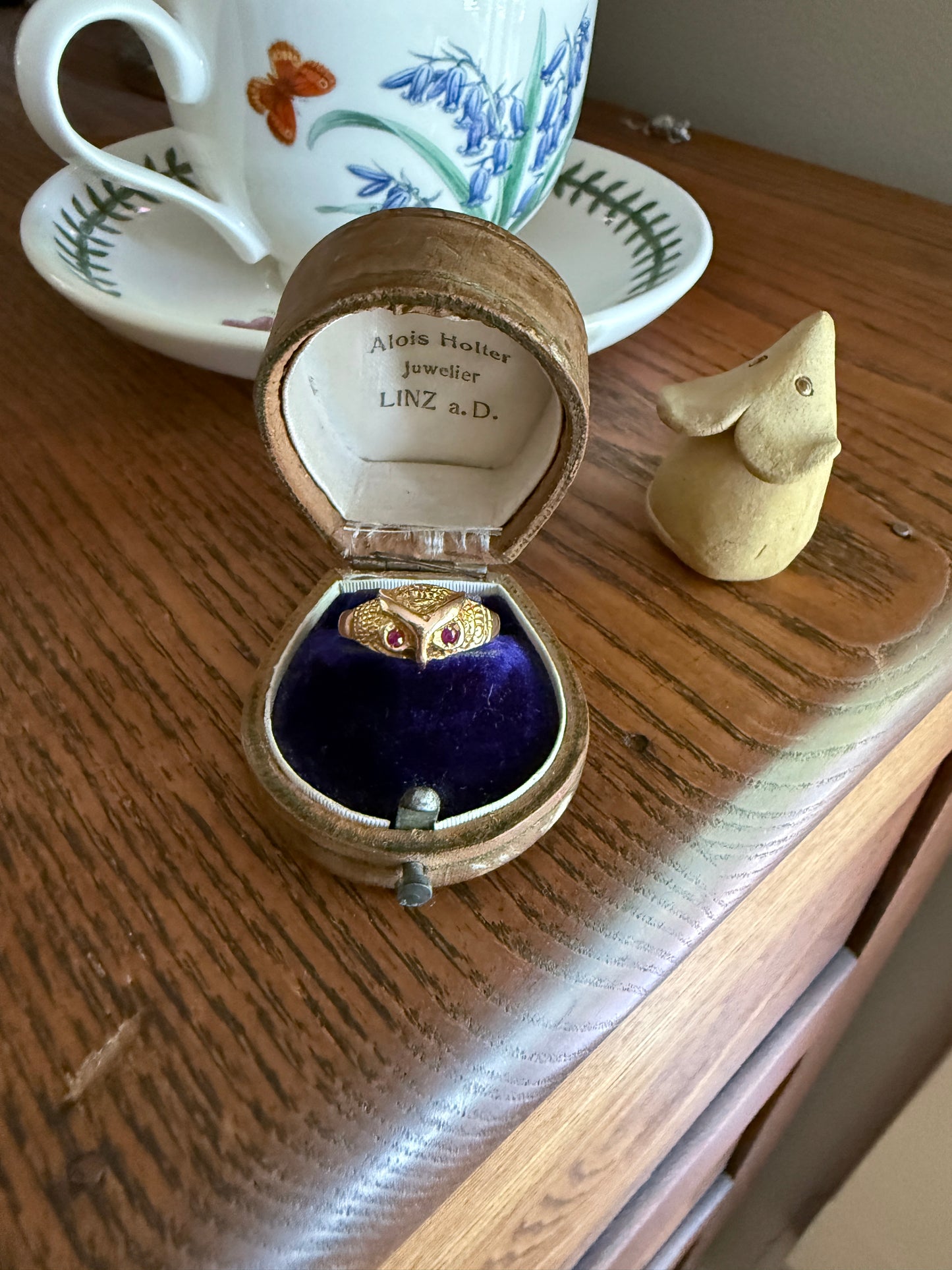 OWL French Vintage 18k Gold Perched Figural Ring Diamond and Ruby Eyes