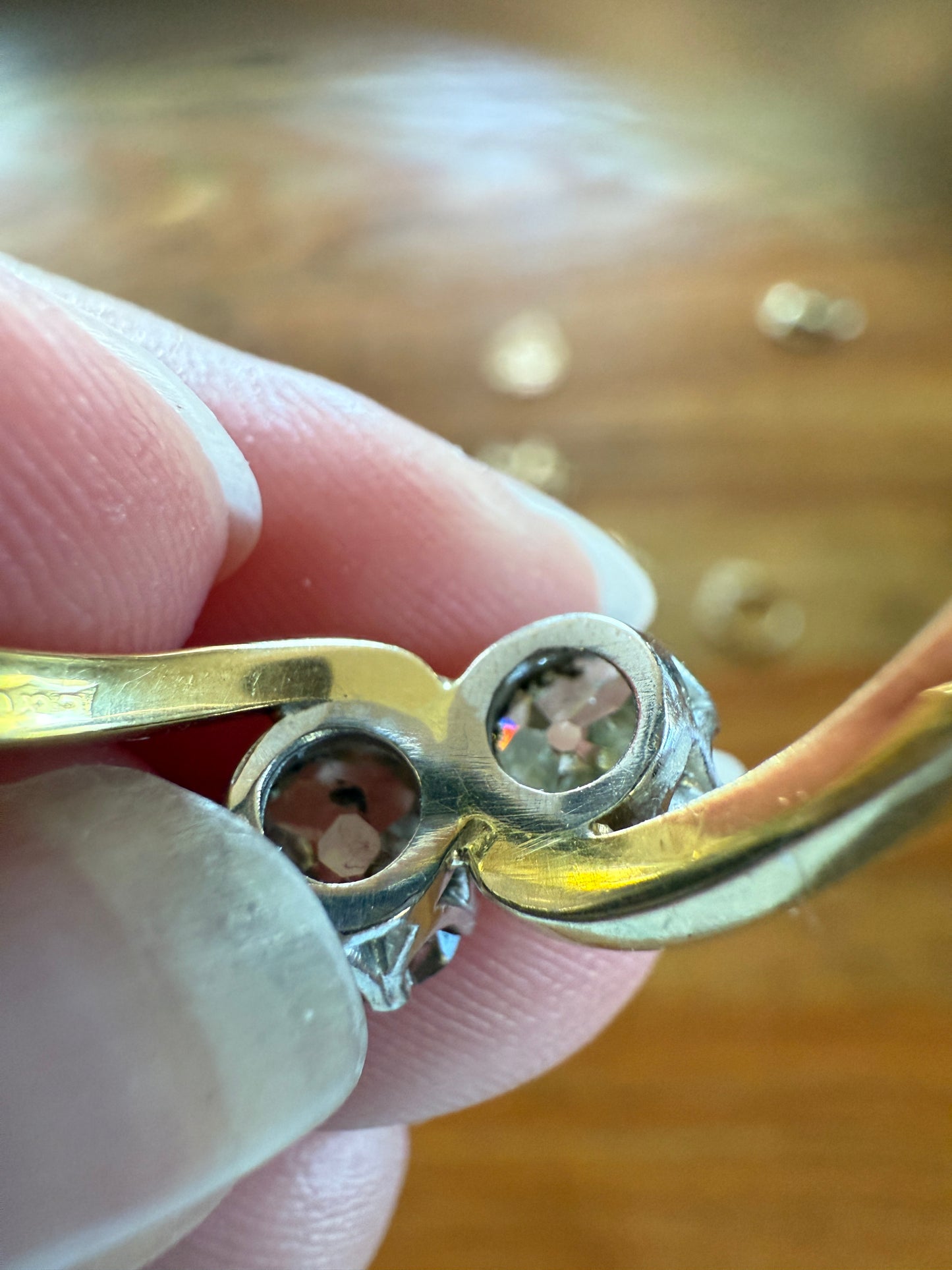 Antique Toi et Moi 2.1 CARAT Old Mine Cut DIAMOND Fancy Light Yellow Chunky 2 Stone Ring 18k Gold Angled Swirl Band Stacker c1901 Victorian