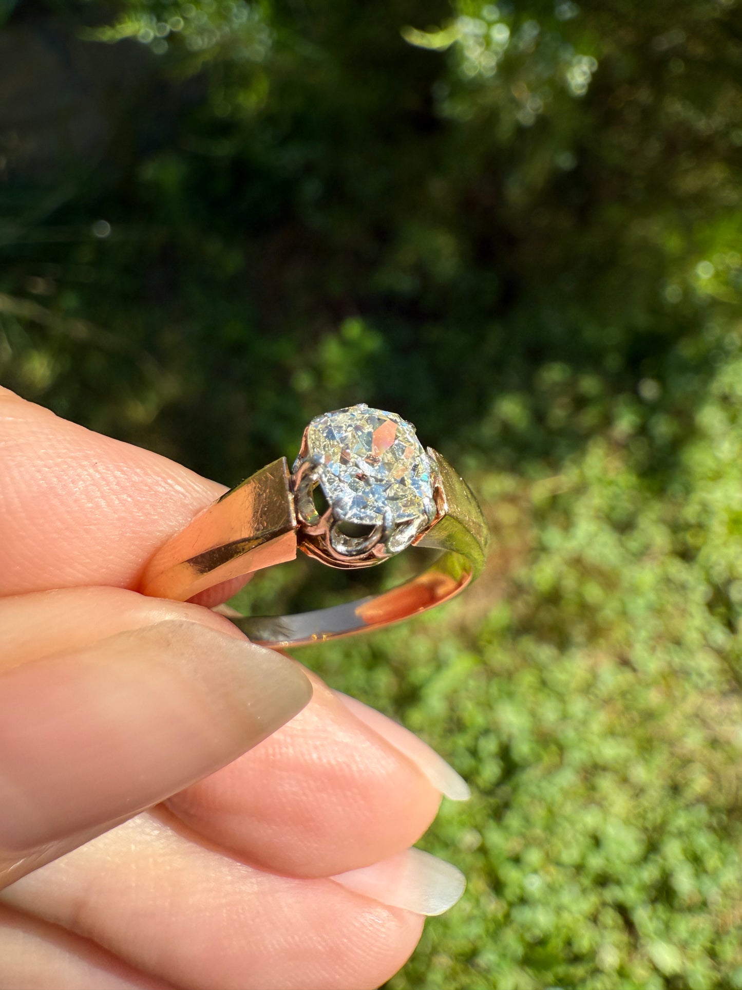 Classic Antique .75 Carat Eye Clean Old Mine Cut Diamond 18k Rosy Gold French Victorian Engagement Ring Solitaire Band Stacker