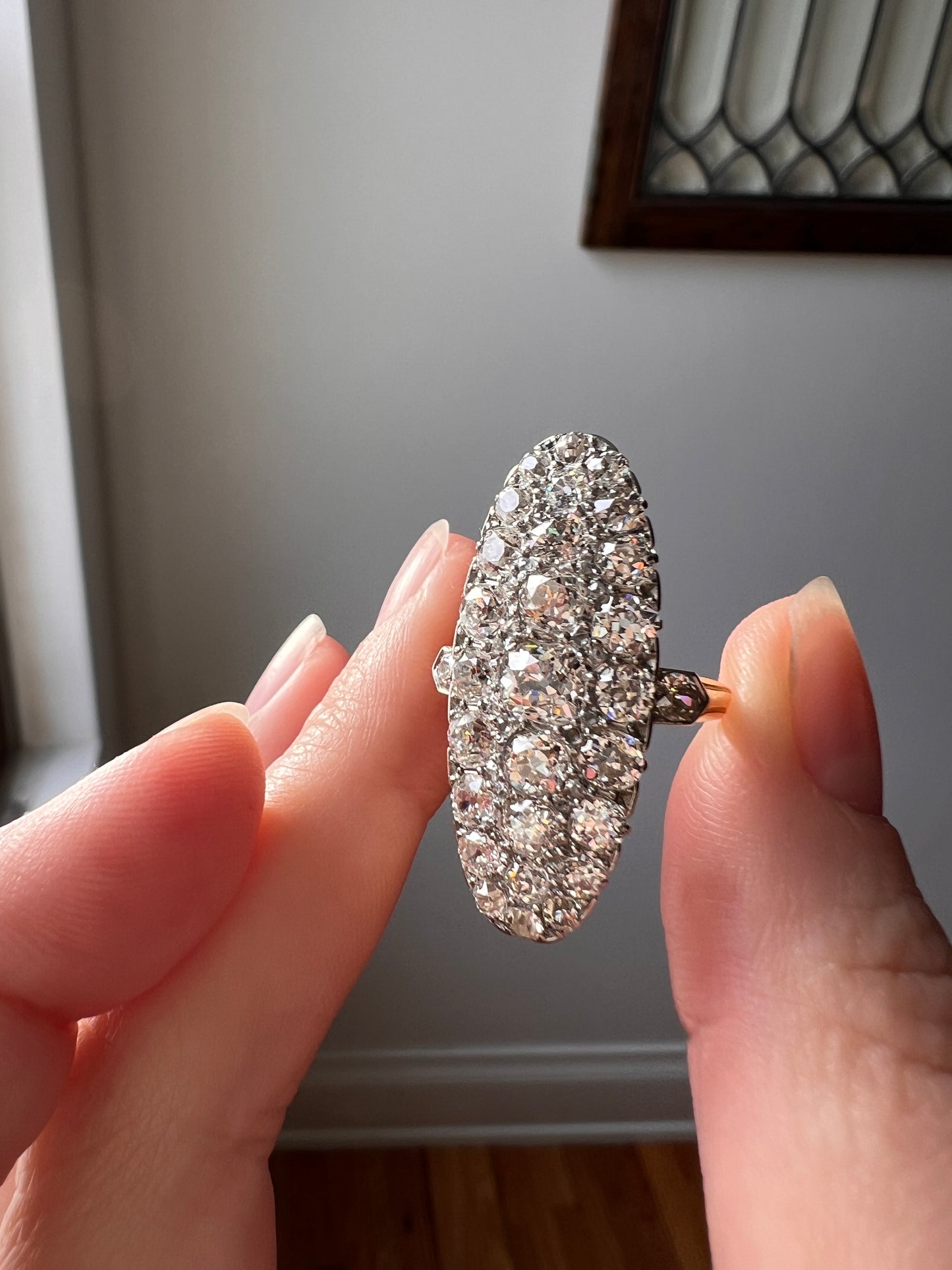 XL Oval French ANTIQUE 3.2 Carat 29 Old Mine Cut DIAMOND 15 Rose Cluster Ring