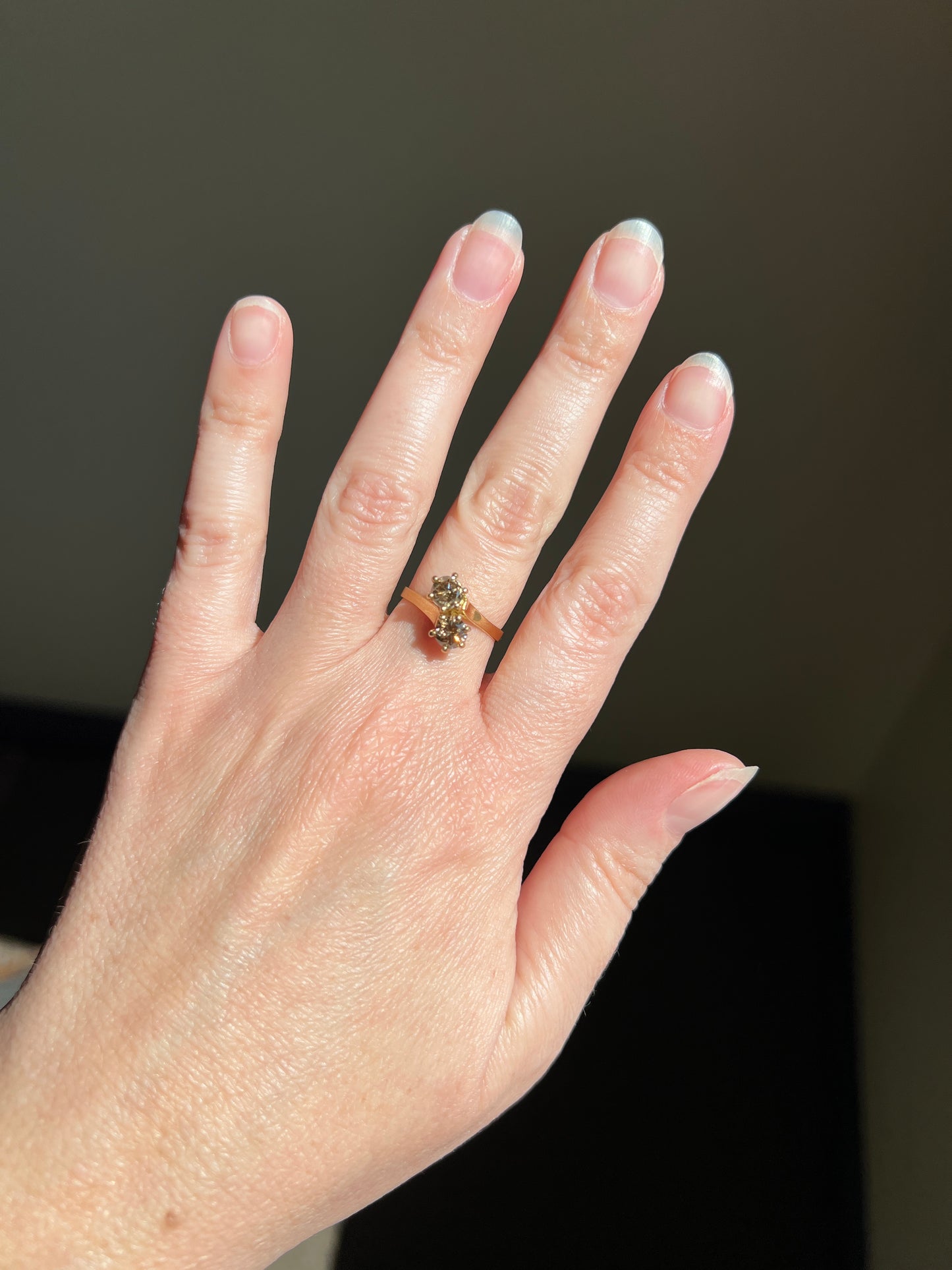 Fancy BROWN 1 Carat Tdw Transitional Cut DIAMOND Toi et Moi Ring 18k Gold Tall Champagne Cognac Stacker French Romantic Gift