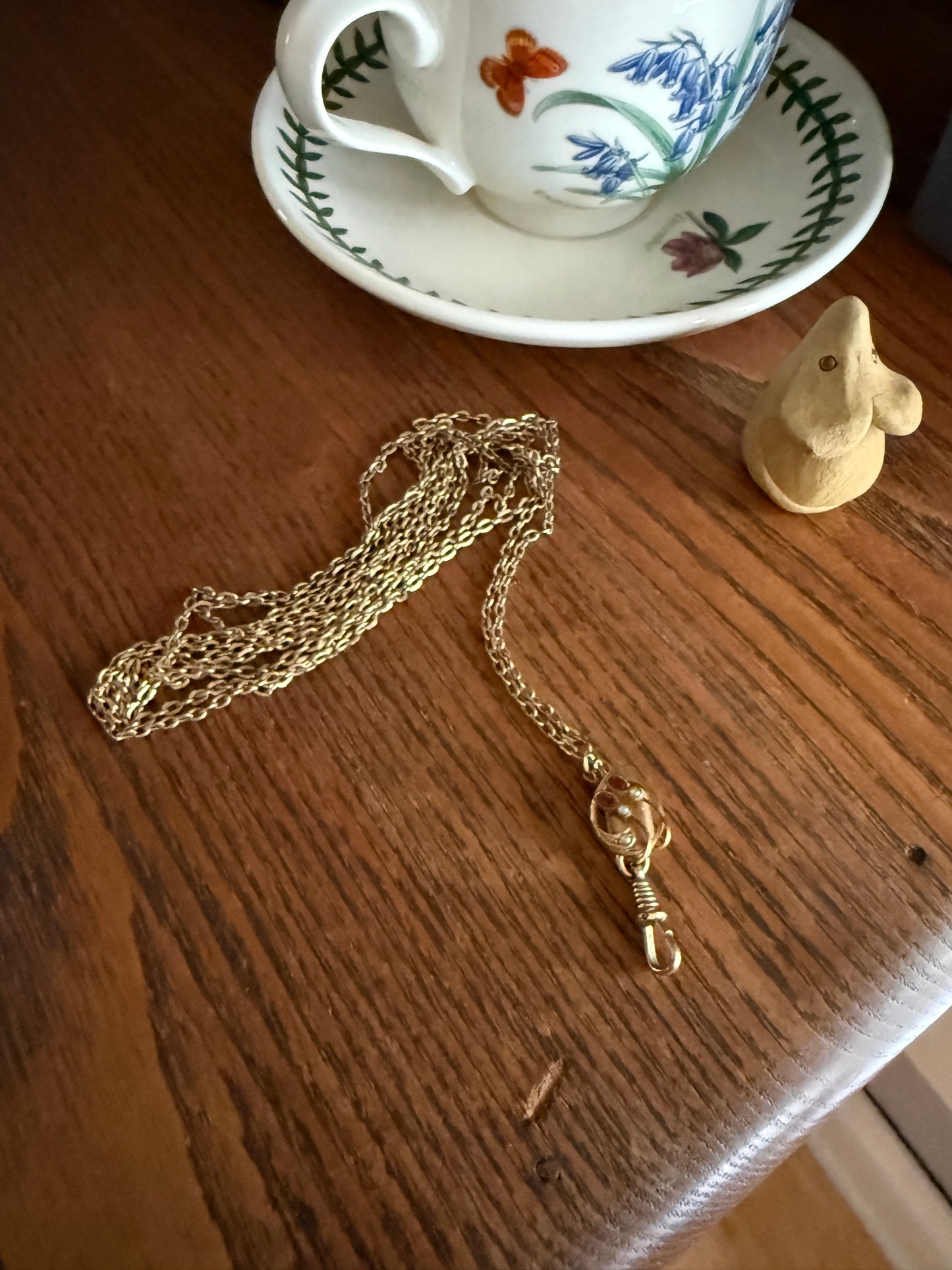 Victorian Art Nouveau Warm Rosy Gold Fill Long Guard Muff Watch Chain Necklace with Swirl Marquise Paste Ruby & Seed Pearl Slide