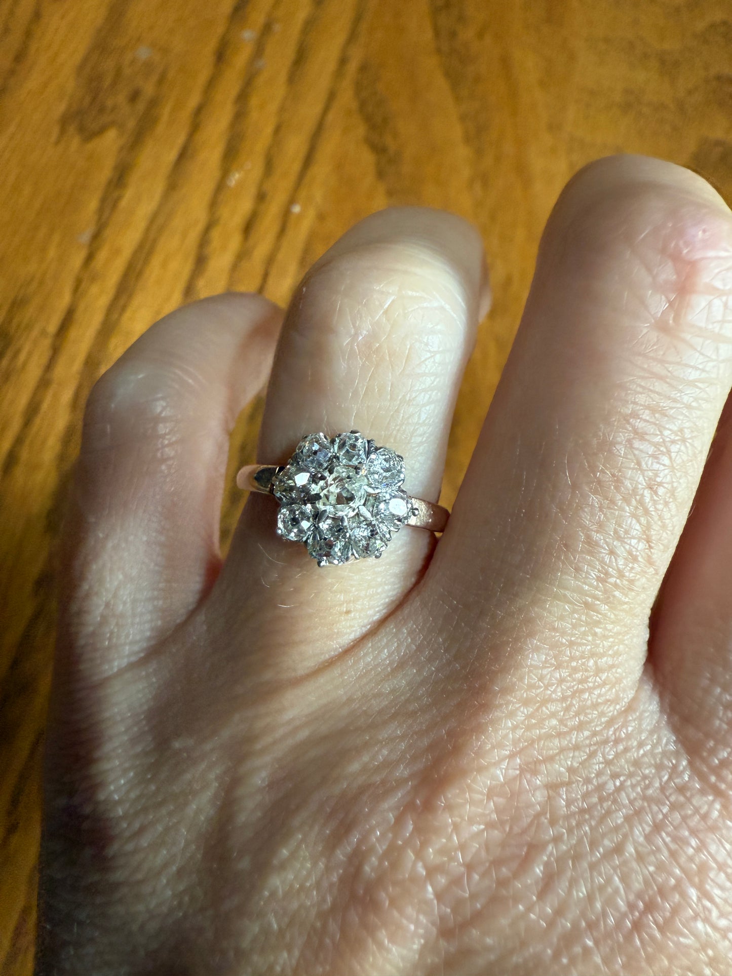 Old Mine Cut DIAMOND Daisy Cluster Halo French Antique Ring 18k Gold Platinum Victorian Belle Epoque