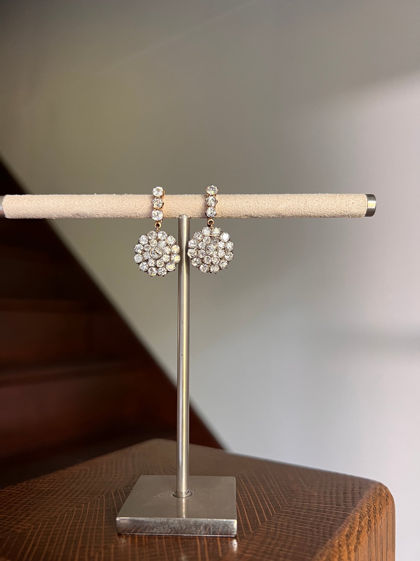 XL Antique 4 1/3 Carat Old Mine DIAMOND Cluster Dangle Earrings 18k Gold ViCTORIAN Bullseye Halo Drops