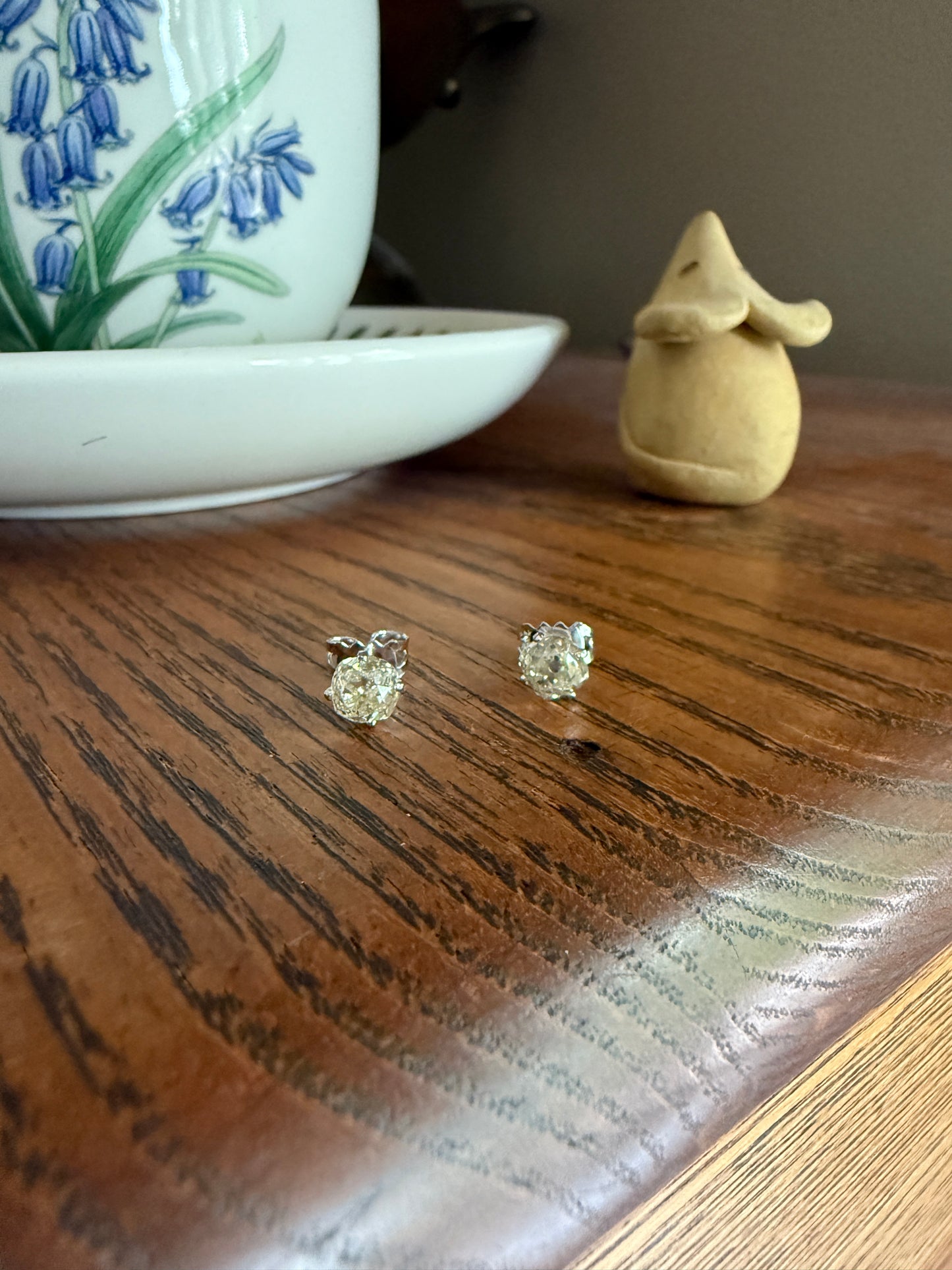 Old Mine Cut 1.3 Carat Tdw DIAMOND Stud Earrings French 18k White GOLD Warm Chunky Antique Stones Later Prong Set