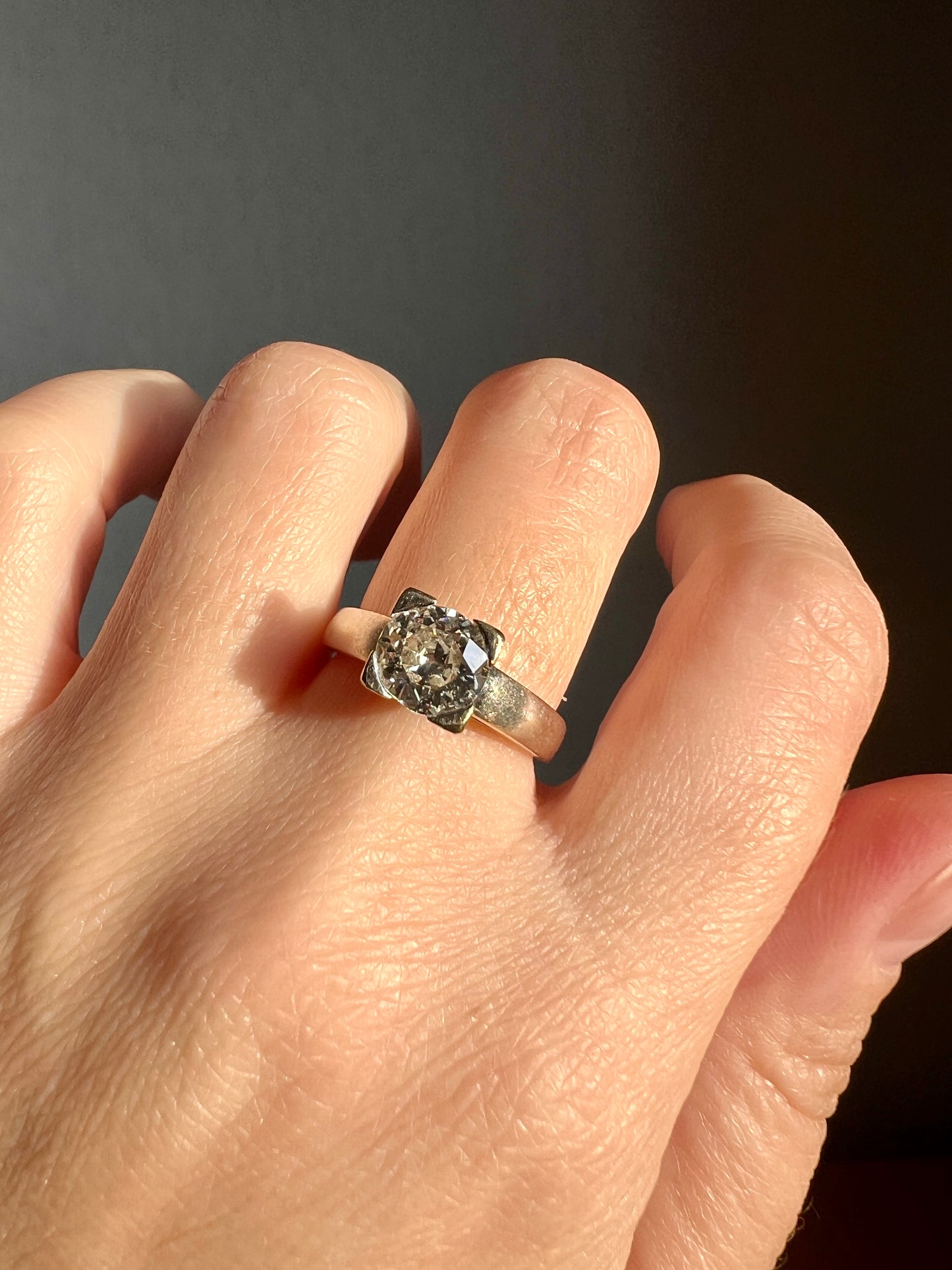 Chunky Antique 1.1 CARAT Eye CLEAN Old European Cut DIAMOND Square Setting Solitaire Engagement Ring 18k White Gold