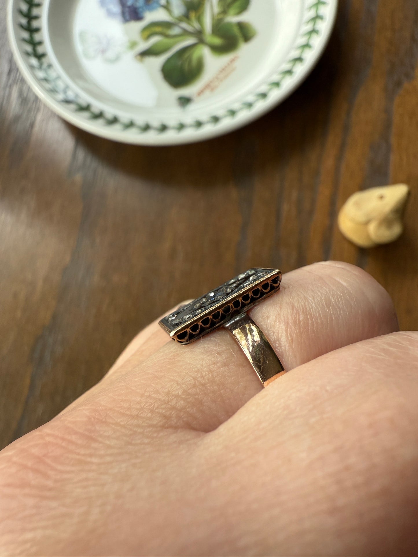 Antique Blue SAPPHIRE Rose Cut DIAMOND Black Enamel 14k Rosy Gold Plaque Ring Floral Geometric Rectangular Panel