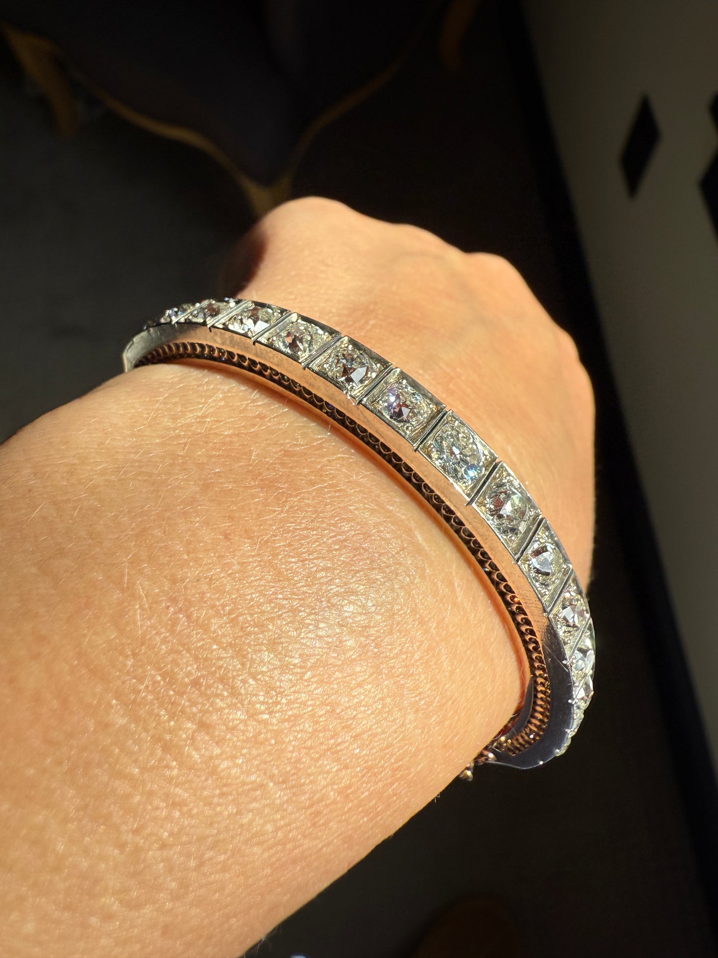 Antique 6.5 CARAT Old Mine Cut DIAMOND Hinged Bangle Line Bracelet 18k Gold Silver Top