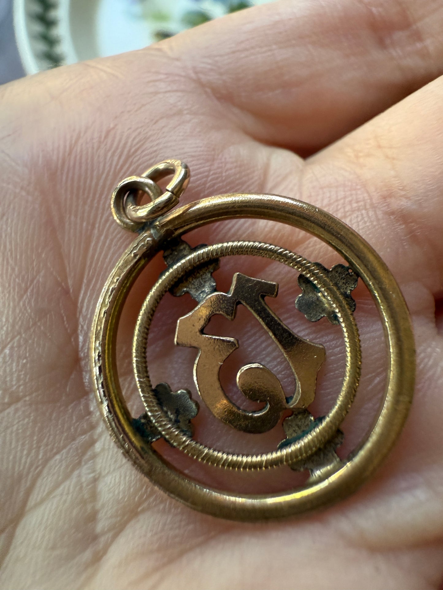 CLOVER Antique Lucky Number # 13 Pendant Tricolor Tricolor Gold Fill Halo Bullseye Belle Epoque Medal Thirteen Amulet Love Token Figural