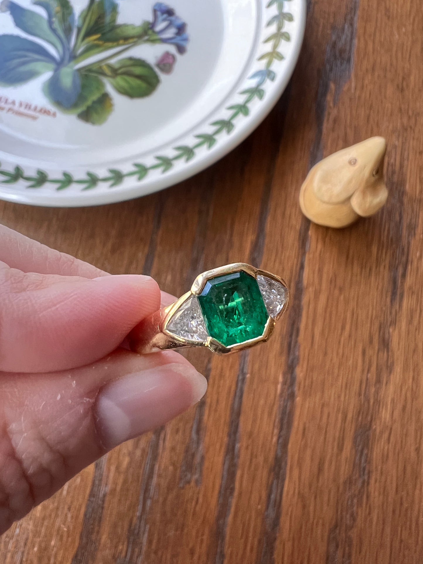 Vintage .85 Ct Trillion Cut Diamond Green Octagonal EMERALD Art Deco Three Stone Gypsy Ring HEAVY French 18k Gold
