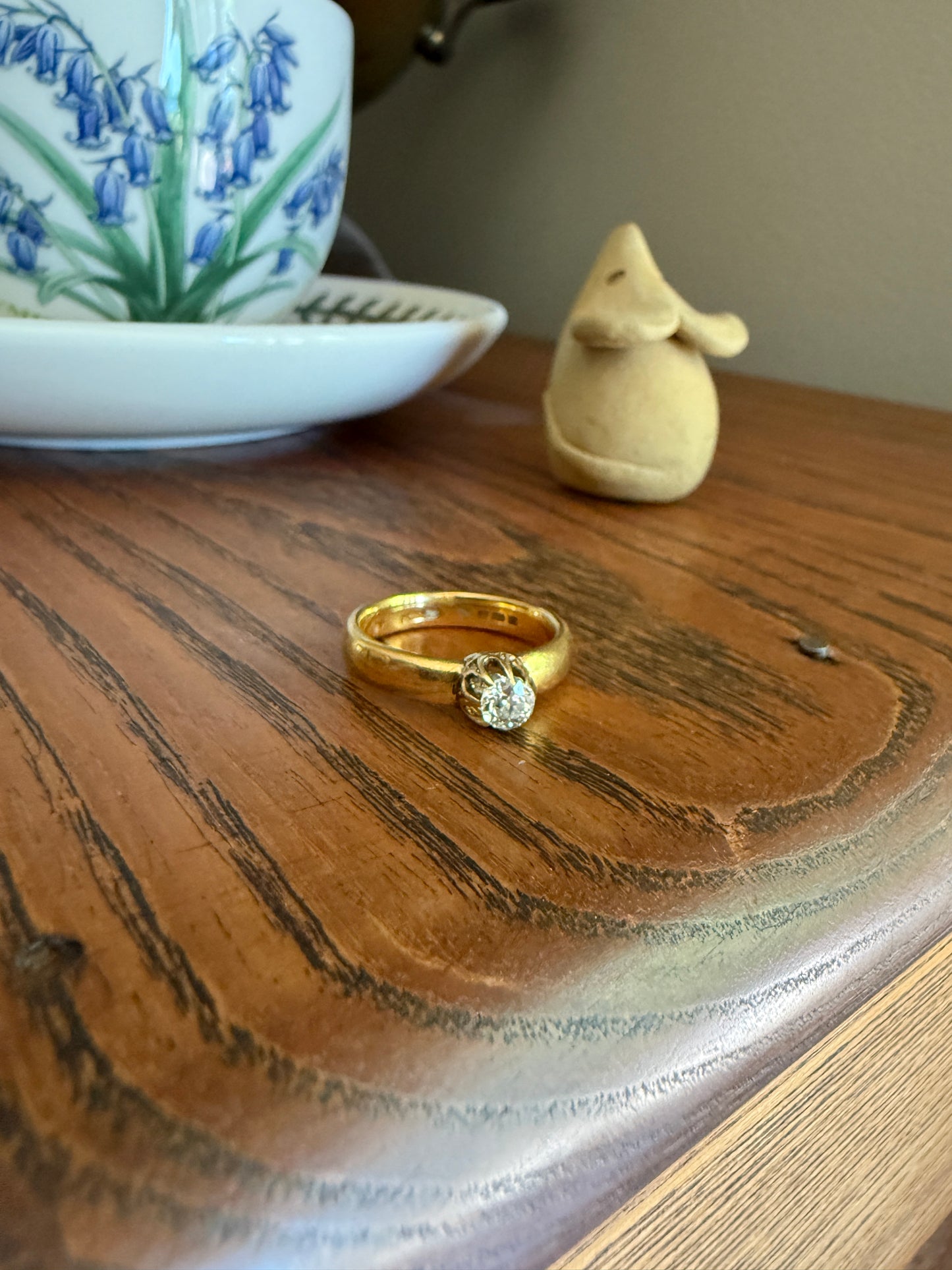 Chunky Antique .36 Carat Eye Clean Old Mine Cut Diamond 22k Gold Edwardian Comfort Fit Wedding Band Engagement Ring Solitaire