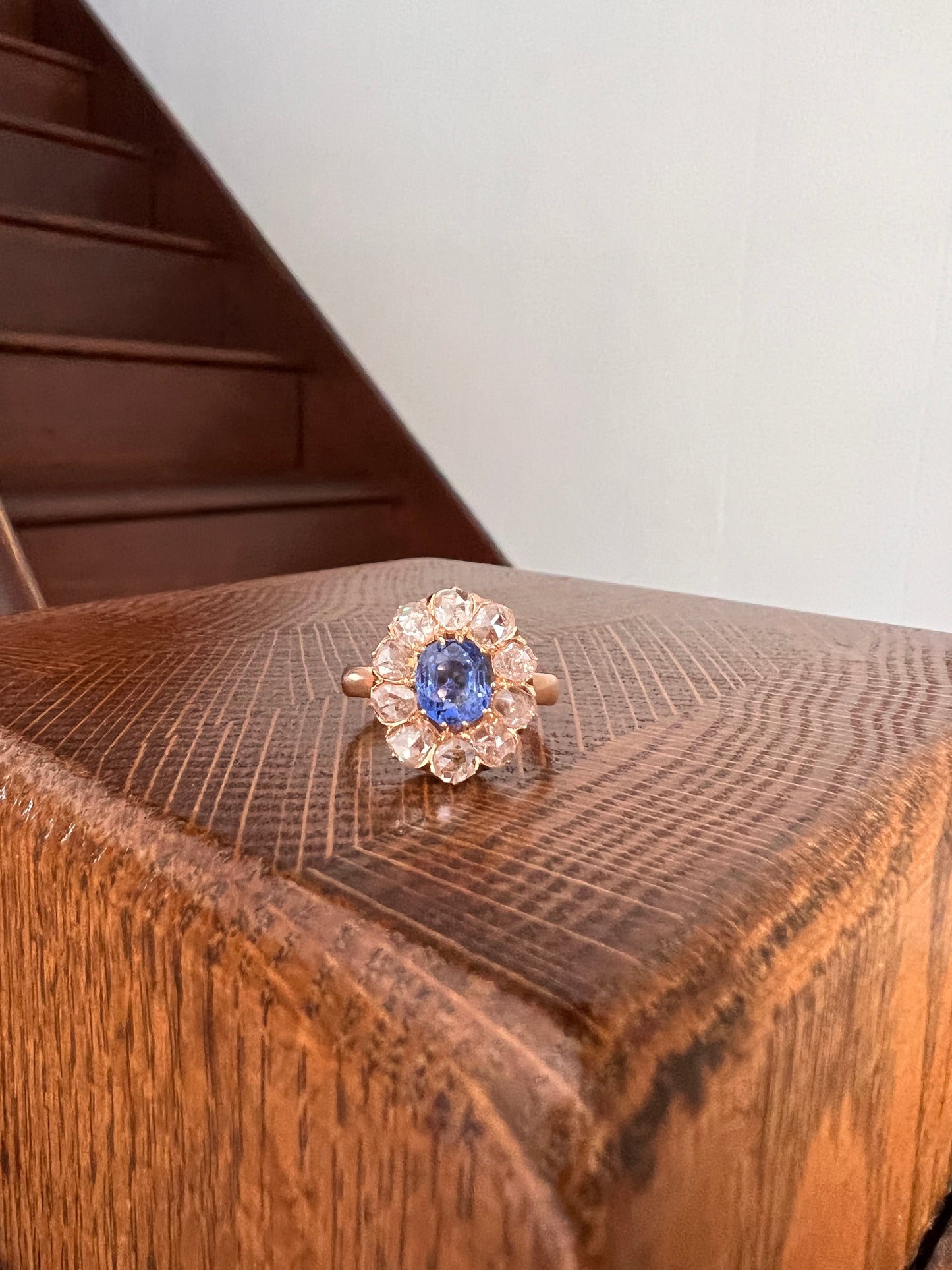 Natural Cornflower SAPPHIRE 1 Carat 10 Rose Cut Diamond Halo Ring 18k Gold Engraved Dated Wedding Band Antique Cluster