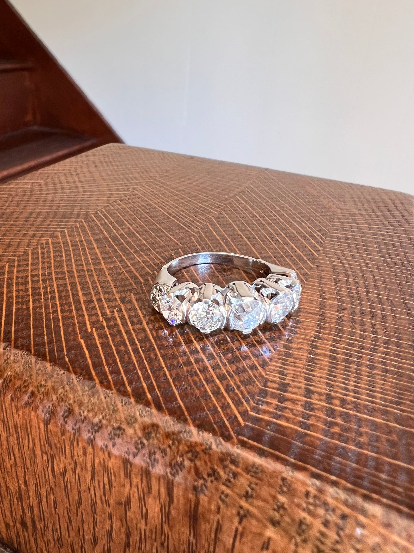 MEGA 2.8 Carat Five Stone Transitional Old Mine Cut DIAMOND Platinum Ring French Vintage Band Tall