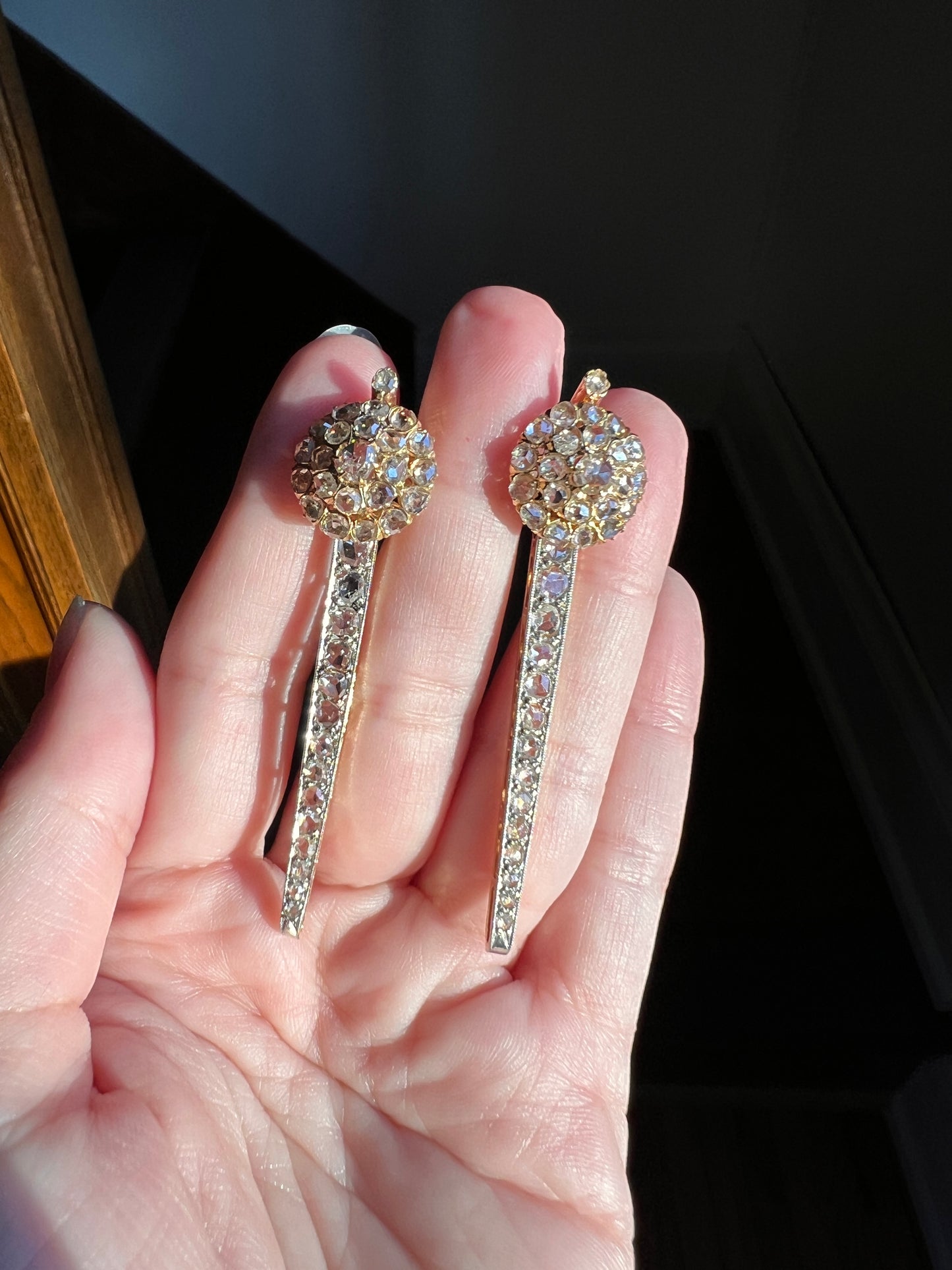 SPIKE French Antique 4 Carats 74 Rose DIAMOND Cluster Dangle Earrings 18k Gold 2.4" LONG Drop Rare