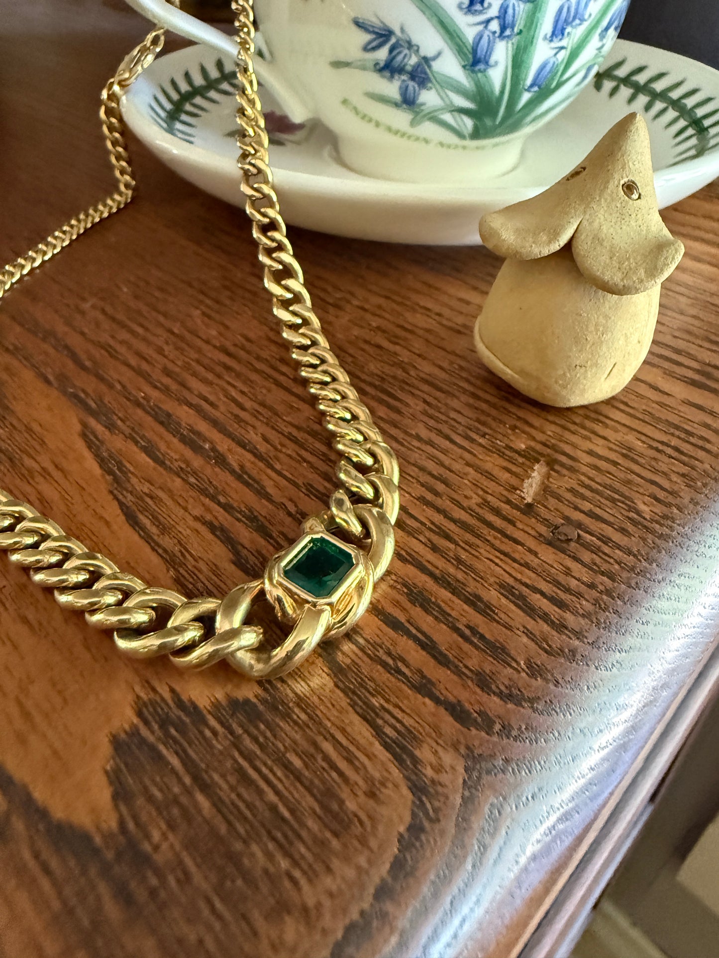 Vintage 26g 18k Gold Natural EMERALD French Curb Chain DATED Cert & ORIGINAL Gouache Drawing Design Heavy Unisex Chunky Green