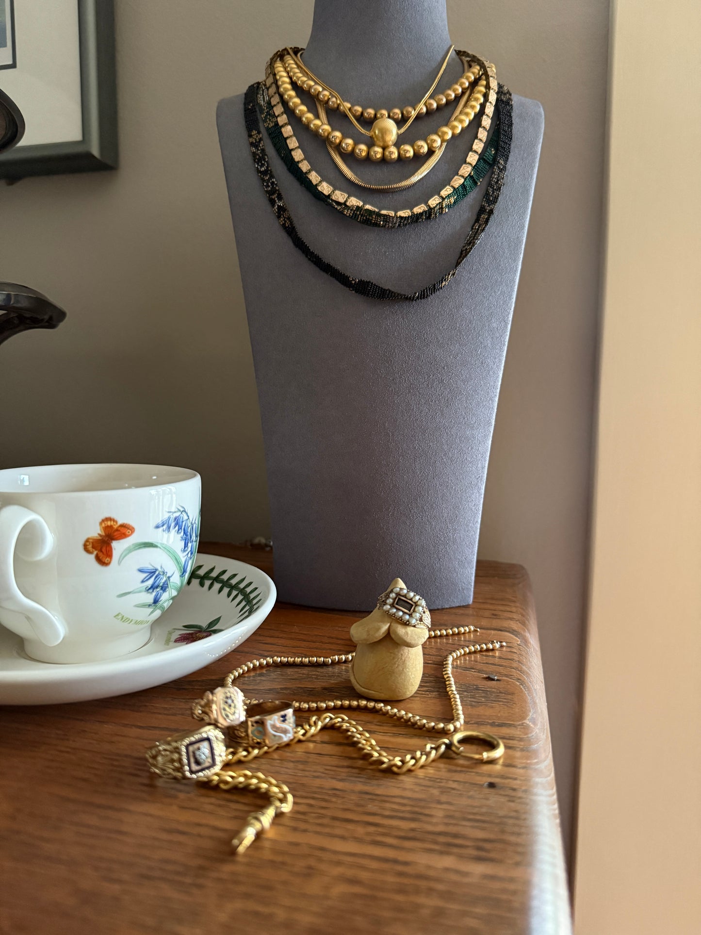 Two HEARTS Moon Star Slide Victorian Art Nouveau Warm Rosy Gold Fill Long Guard Muff Watch Chain Necklace Pearl & Opal