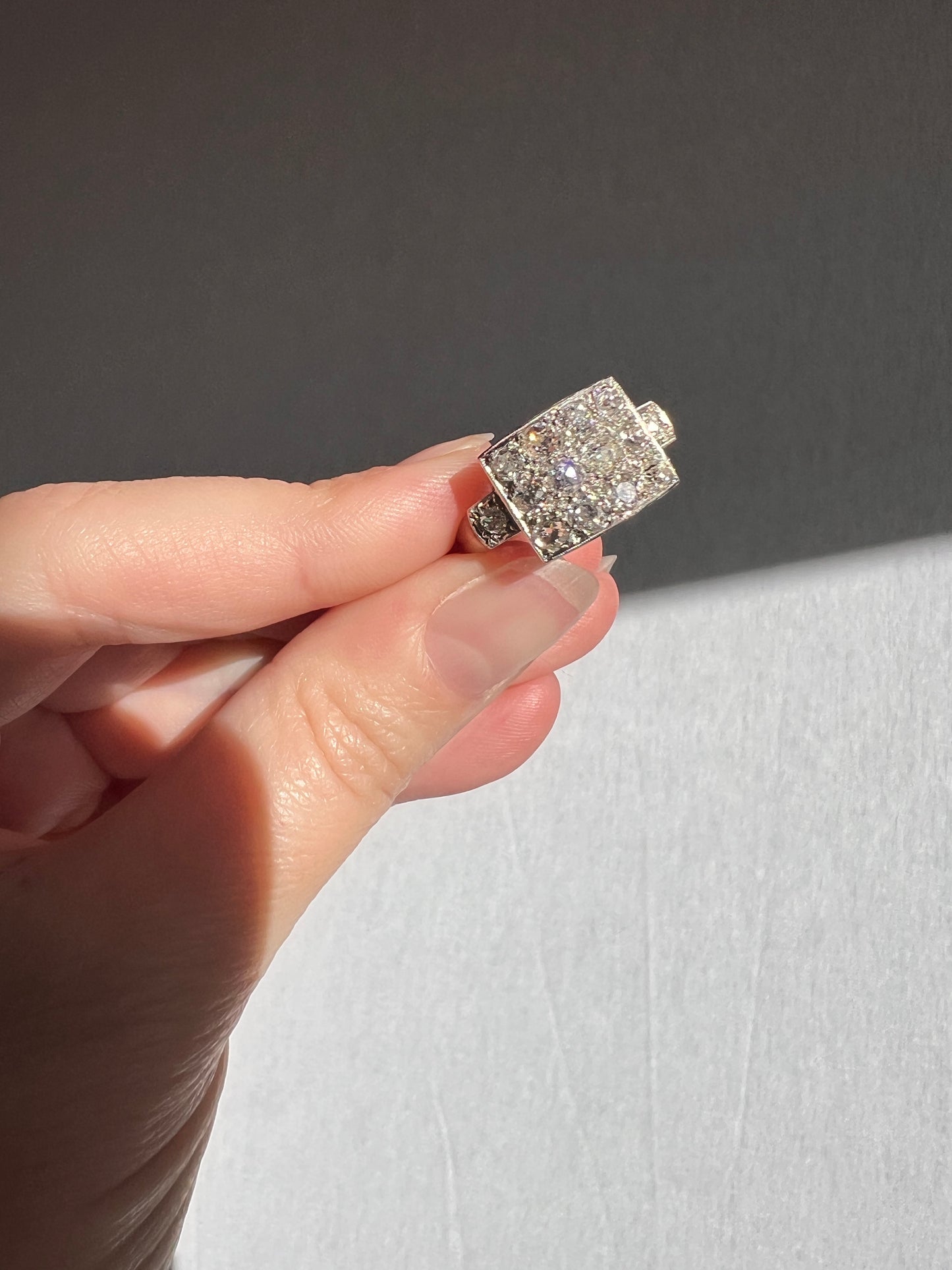 Two Carat 14 Old Mine Cut DIAMOND Curved Cluster Grid Ring French Antique Platinum Cobblestone