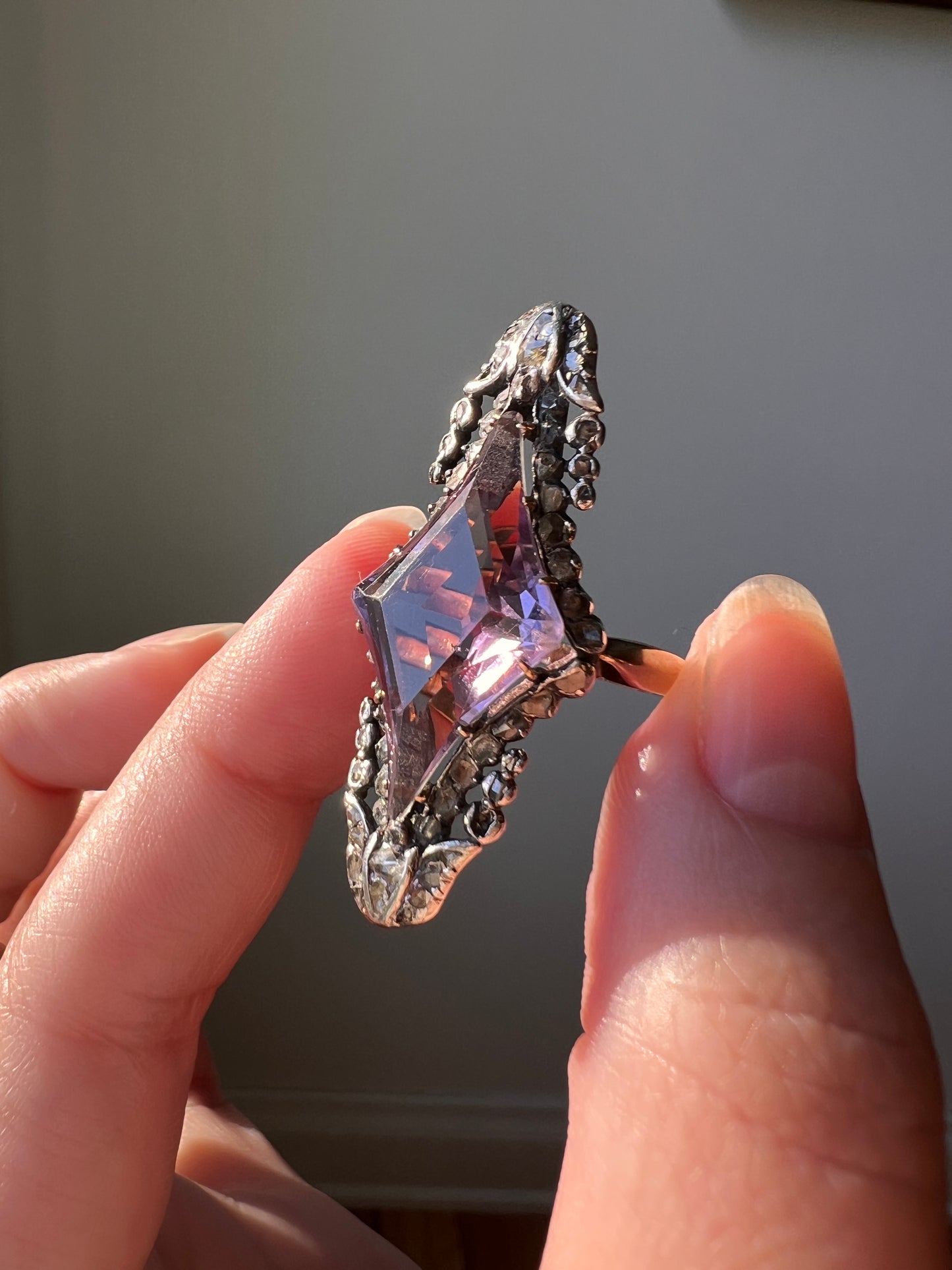 One of a Kind LARGE Flared Cut AMETHYST 62 Rose Cut DIAMONDS French Antique Ring Tulip Floral Garland 18k Rose Gold Silver