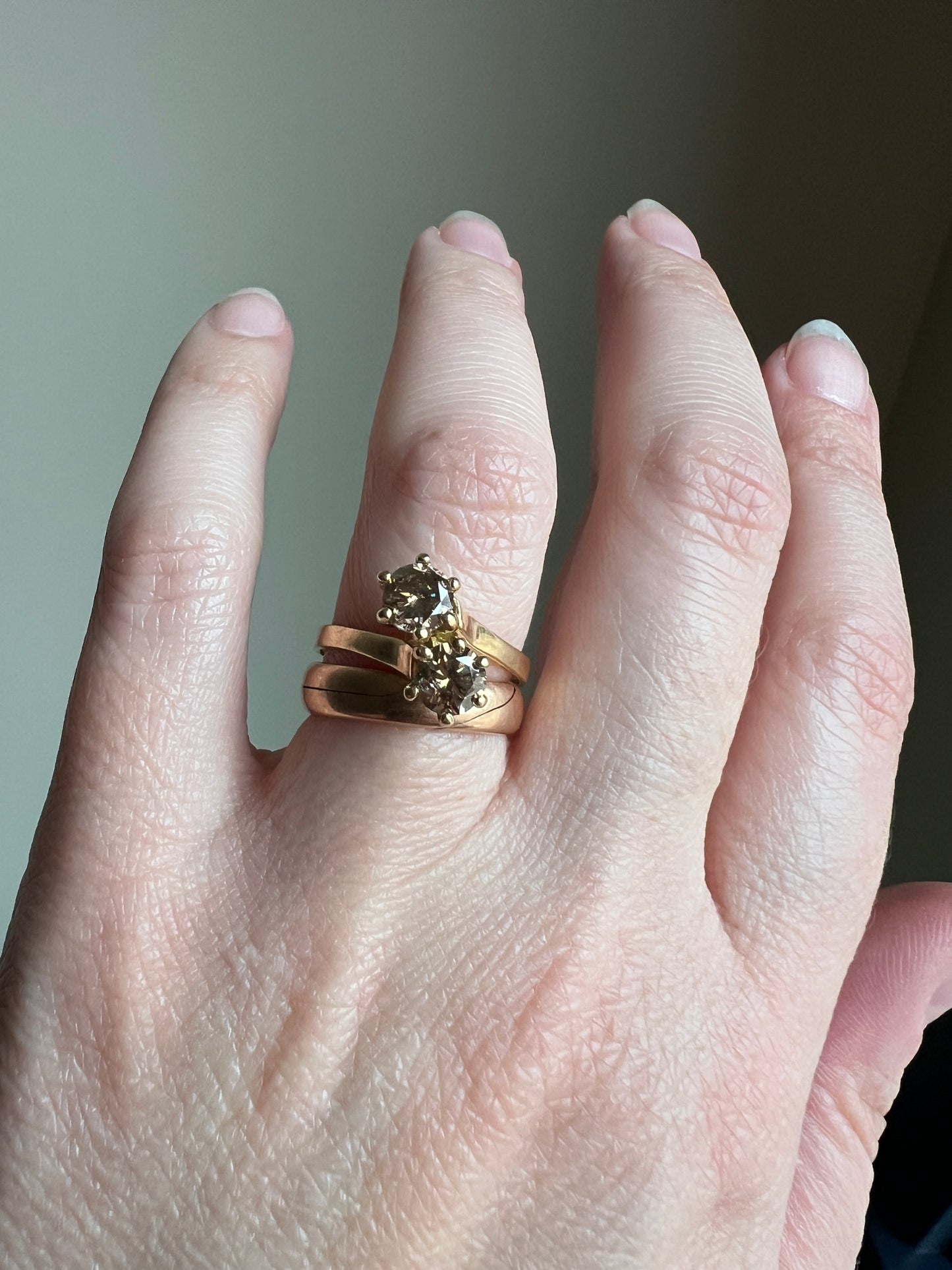 Fancy BROWN 1 Carat Tdw Transitional Cut DIAMOND Toi et Moi Ring 18k Gold Tall Champagne Cognac Stacker French Romantic Gift